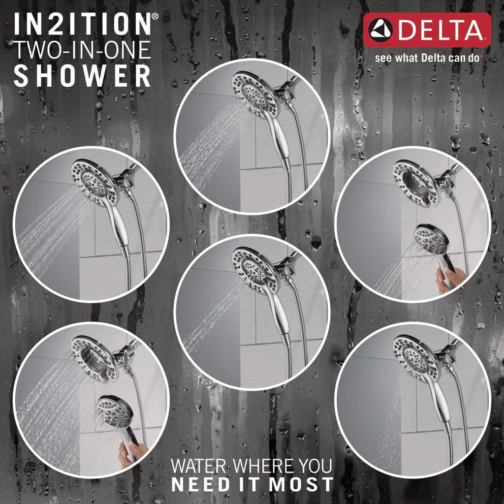 Delta Arvo 14 Series Chrome Shower Faucet Set with In2ition 2-in-1 Dual Shower Head with HandHeld Spray Combo, Valve Trim Kit, Chrome 142840-I (Valve Included)