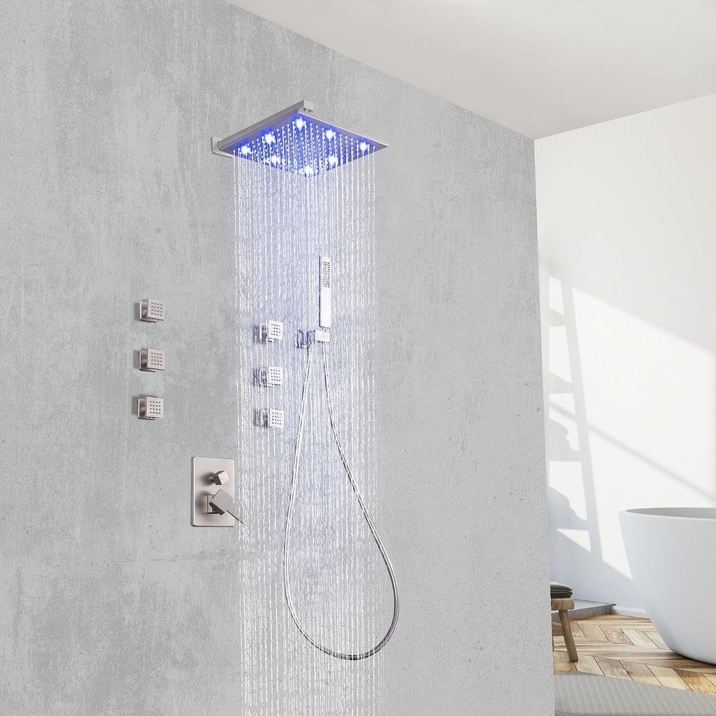 SKOWLL Shower System with 6 Body Jets, Wall Mounted 12 Inch LED Shower Head with Handheld, 3 Color Changing Shower Head High Pressure Shower Faucets Sets Complete, Brushed Nickel