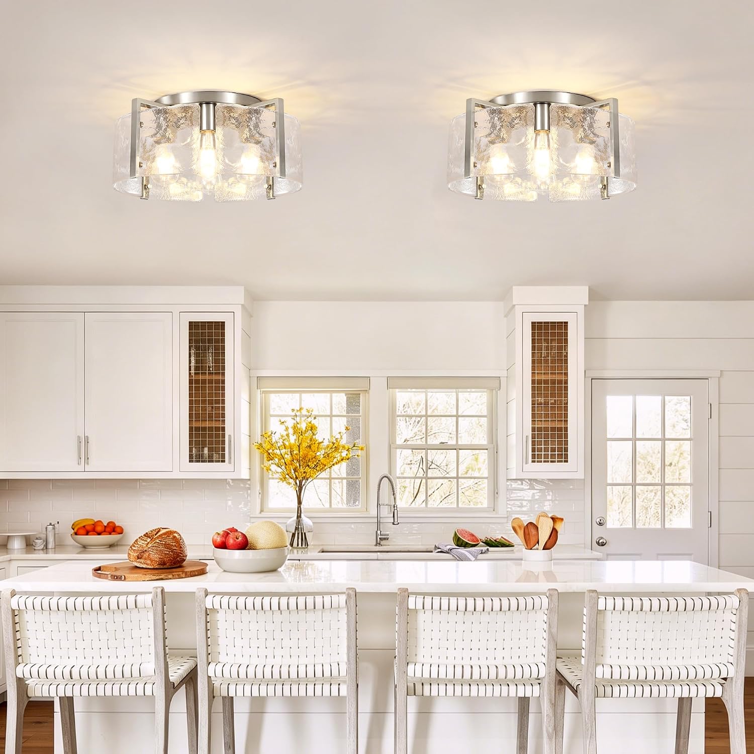 Modern Brushed Nickel Semi Flush Mount Ceiling Light, 4-Light Glass Drum Flush Mount Light Farmhouse Lights Kitchen Lighting Fixtures for Foyer Entryway Hallway Bathroom Bedroom Laundry Room
