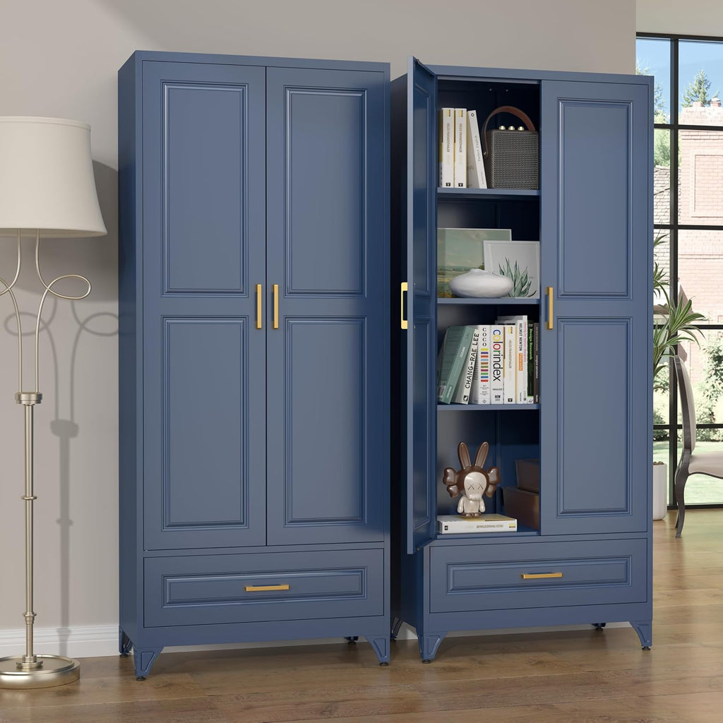 SteeLoong 75' Kitchen Pantry Cabinet with Drawer, Metal Storage Cabinets with Doors and 4 Adjustable Shelves,Blue Kitchen Cabinet with 2 Gold Handles,Food Cupboard for Livingroom,Pantry, Bathroom