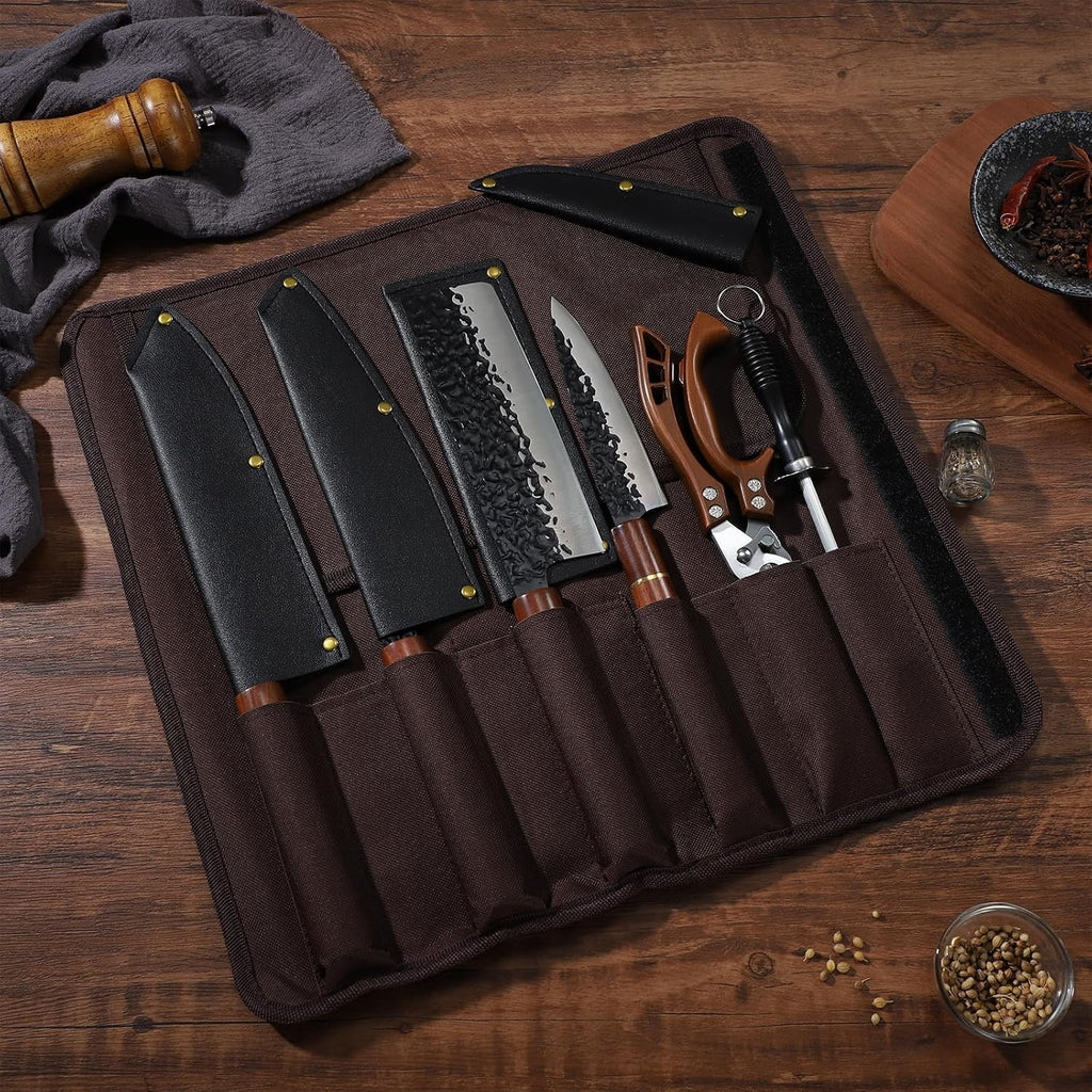 Huusk Japanese Knife Set 6pcs with Covers - Professional Chef Knife Set with Bag & Sharpener, High Carbon Steel Forged Knives Sets with Scissors, Japanese Kitchen Knives Sets, Fathers Day Gift