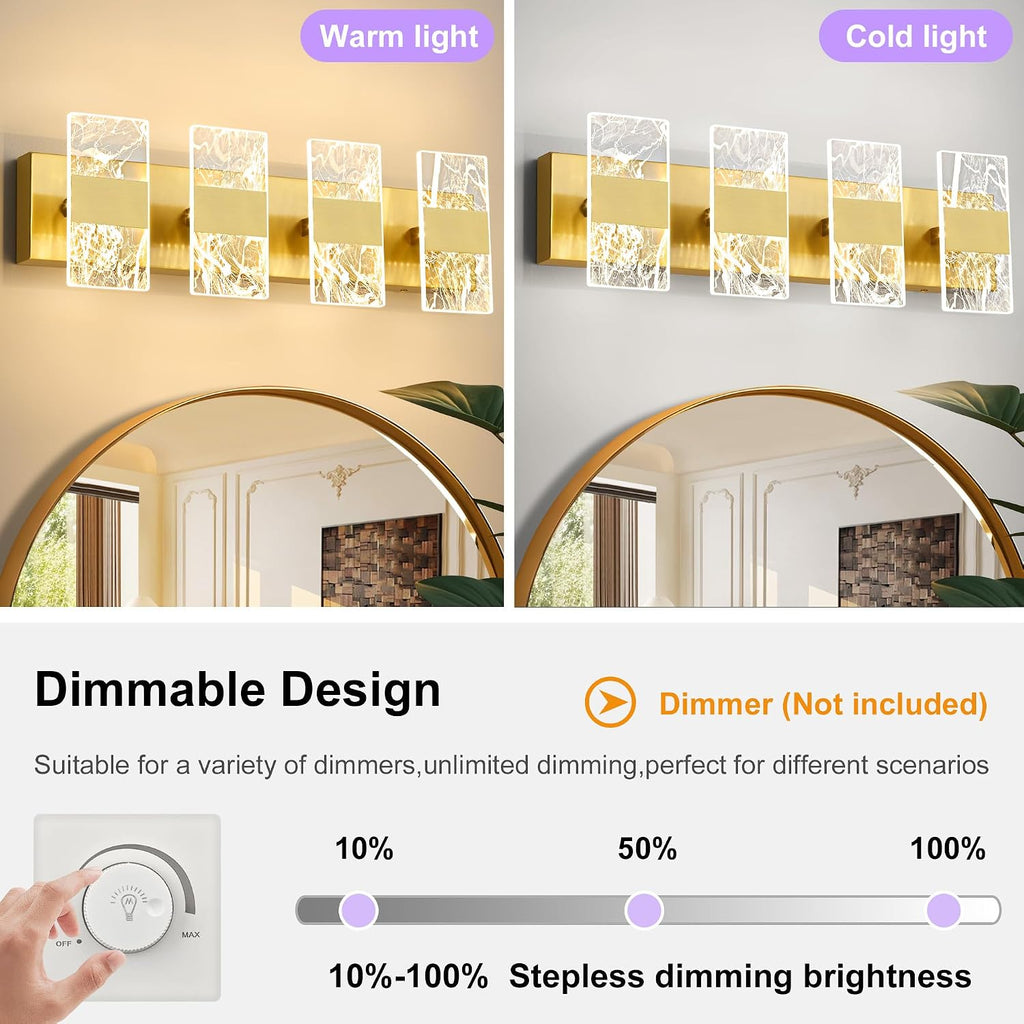 Modern LED Bathroom Light Fixtures Dimmable 4-Light Gold Vanity Light, 5CCT Adjustable Lighting Fixture Vanity Lights Over Mirror, Smoked Acrylic LED Vanity Lights for Bathroom