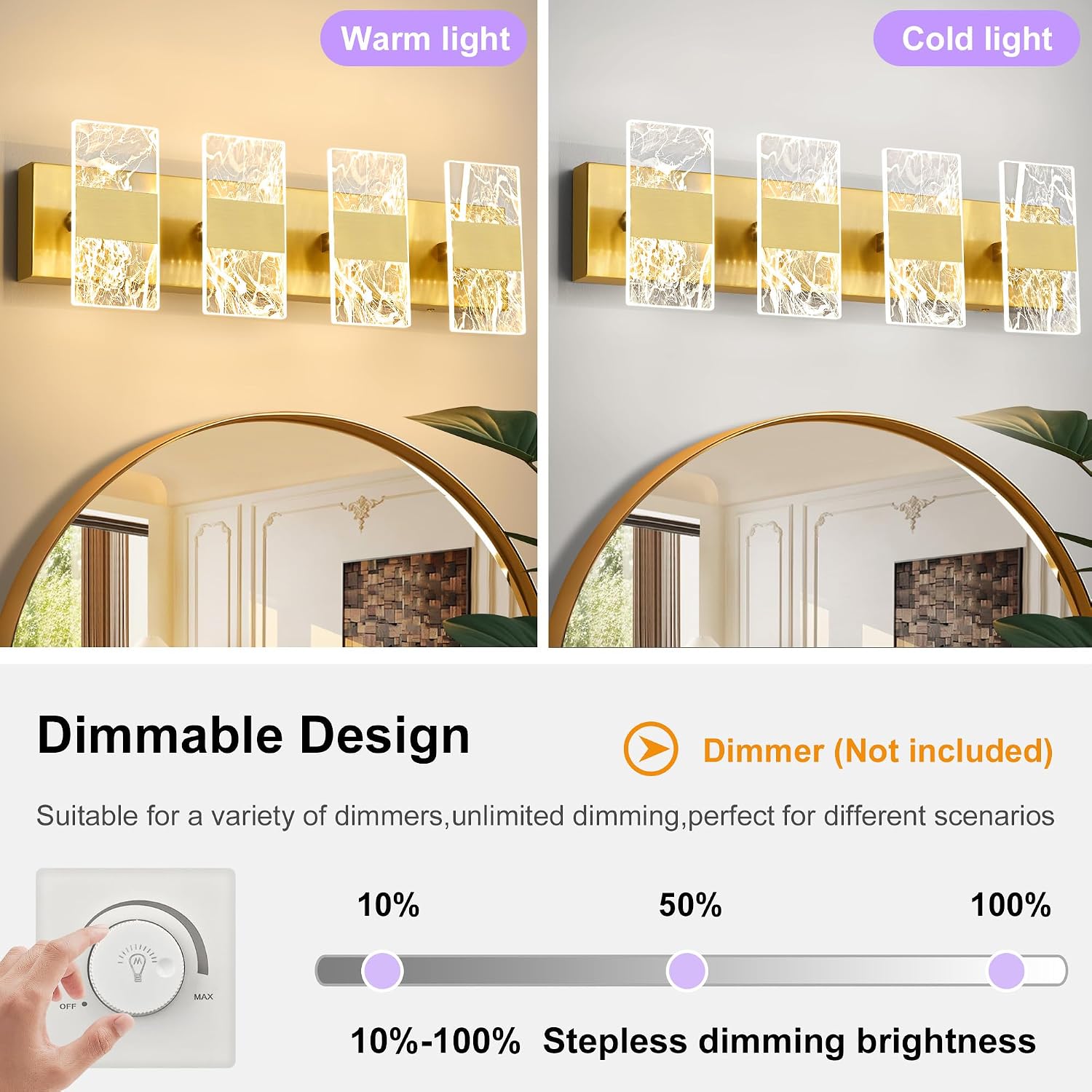 Modern LED Bathroom Light Fixtures Dimmable 4-Light Gold Vanity Light, 5CCT Adjustable Lighting Fixture Vanity Lights Over Mirror, Smoked Acrylic LED Vanity Lights for Bathroom