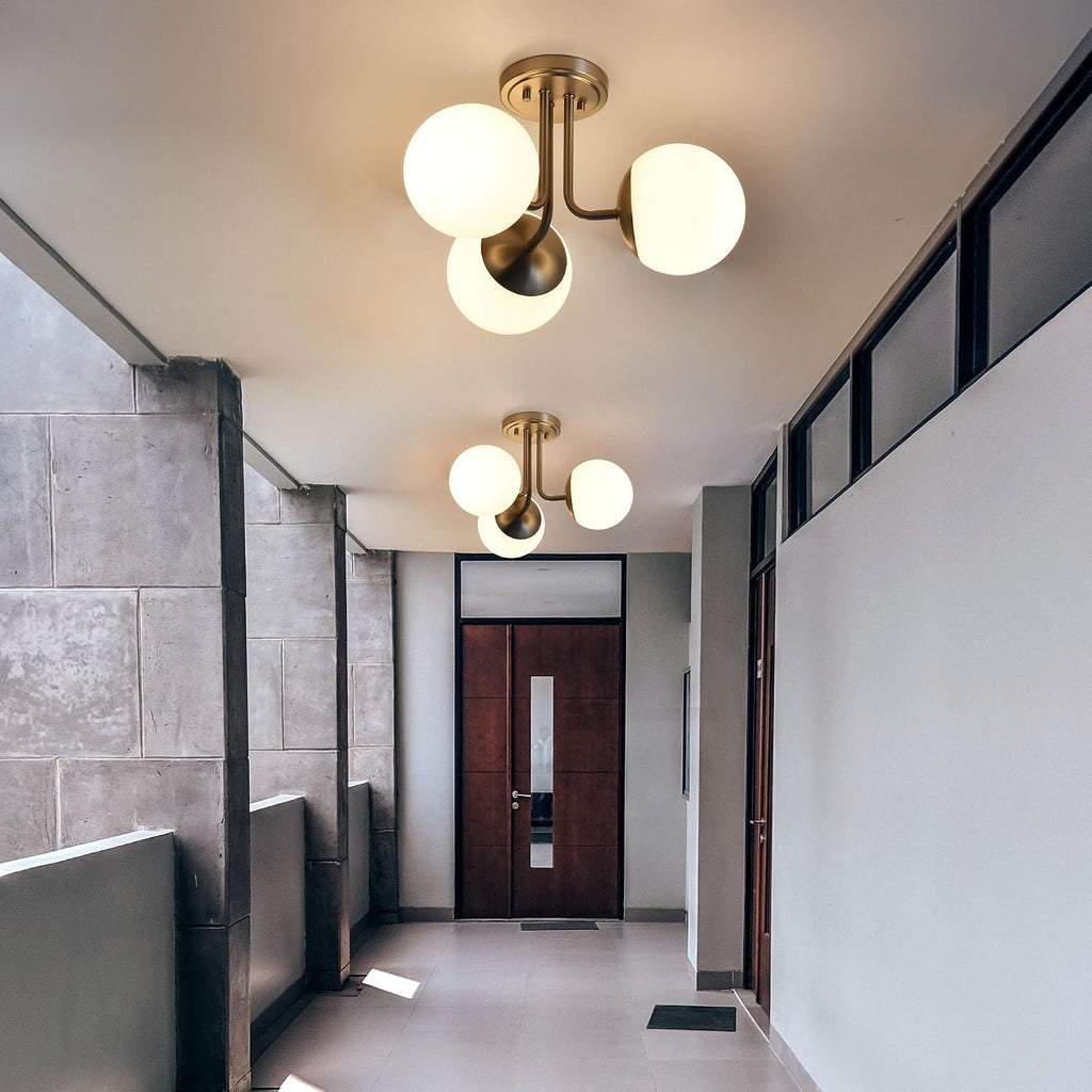 3 Light Semi Flush Mount Ceiling Light Fixture Brushed Nickel, Modern Globe Chandelier, Sputnik Farmhouse Lighting for Kitchen Bedroom Bathroom Living Room Corridor Laundry Room Bar …