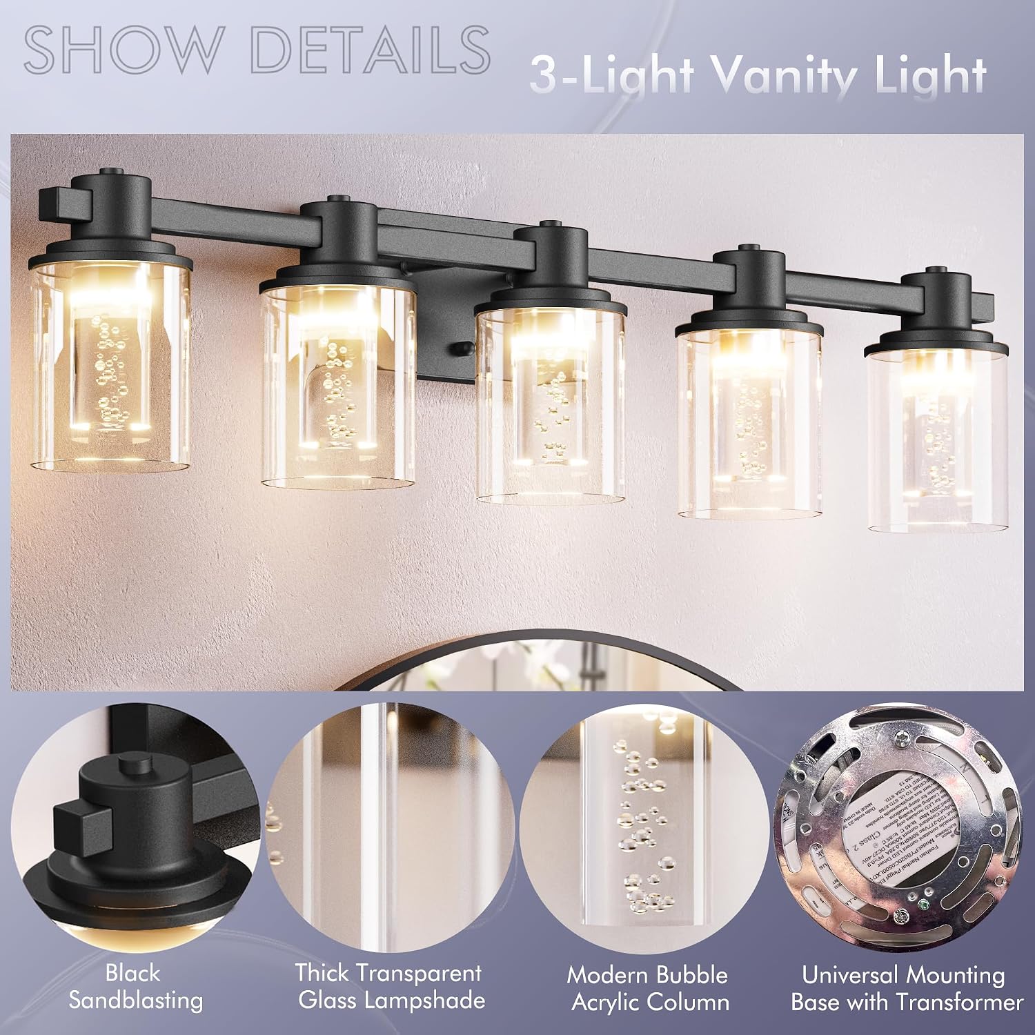 Quntis 5-Light Black Bathroom Light Fixtures with 5 Color Modes, 33 Inch Dimmable Modern Vanity Lighting Fixture Over Mirror, 35 Watts Eye Protection LED Wall Lamp (UL Certified, Bulbs Included)