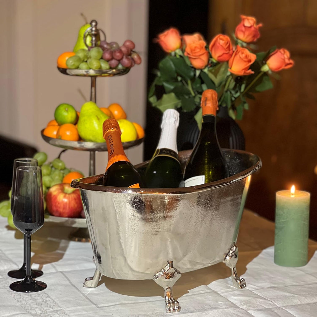 Le Bain Champagne and Wine Ice Bucket, Bathtub Shaped Claw Foot, Multi-Bottle - Large Capacity, Silver Aluminum Nickle, 16.5 Inches Long, Handmade