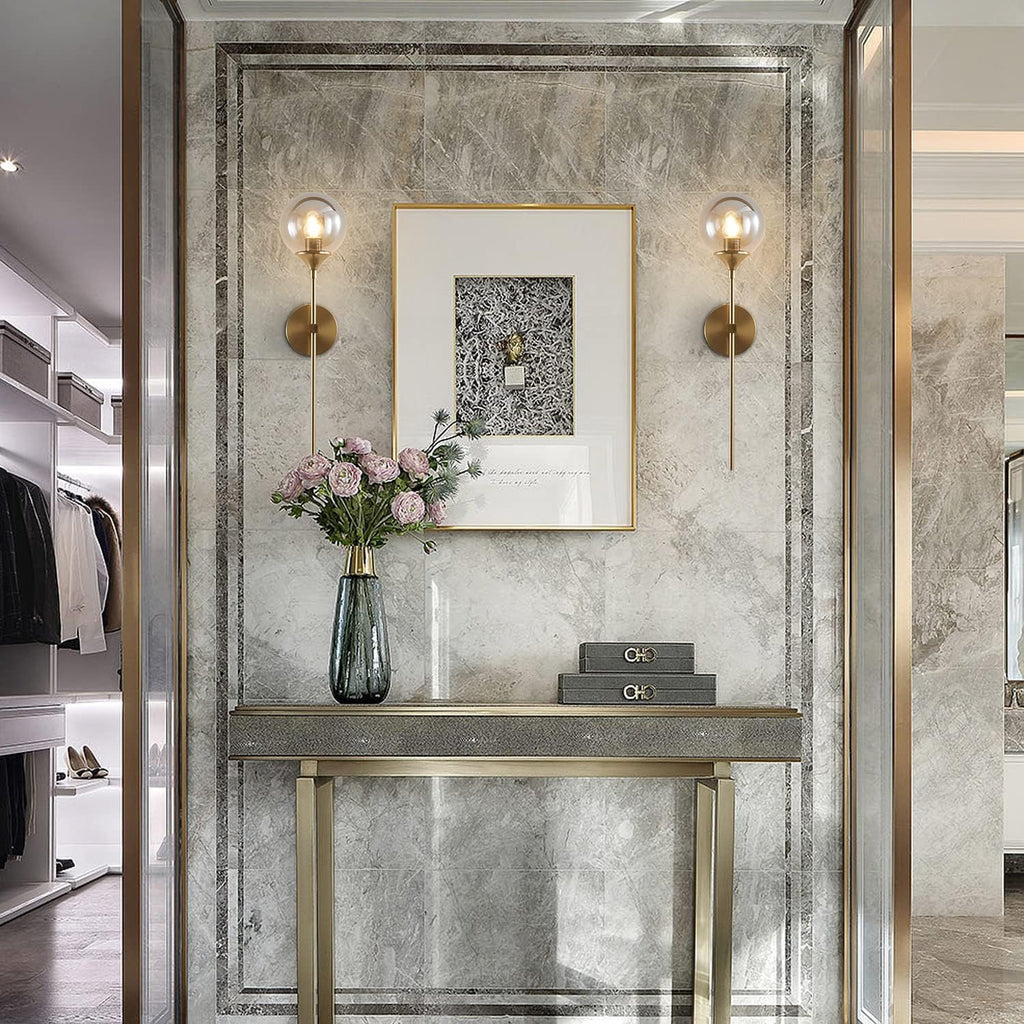 KCO Mid-Century Modern Wall Mounted Sconces Set of 2 Smoke Gray Glass Globe Wall Lamps with Long Arm Industrial Gold Wall Lights Fixture for Bedroom Bedside Stairway Hallway