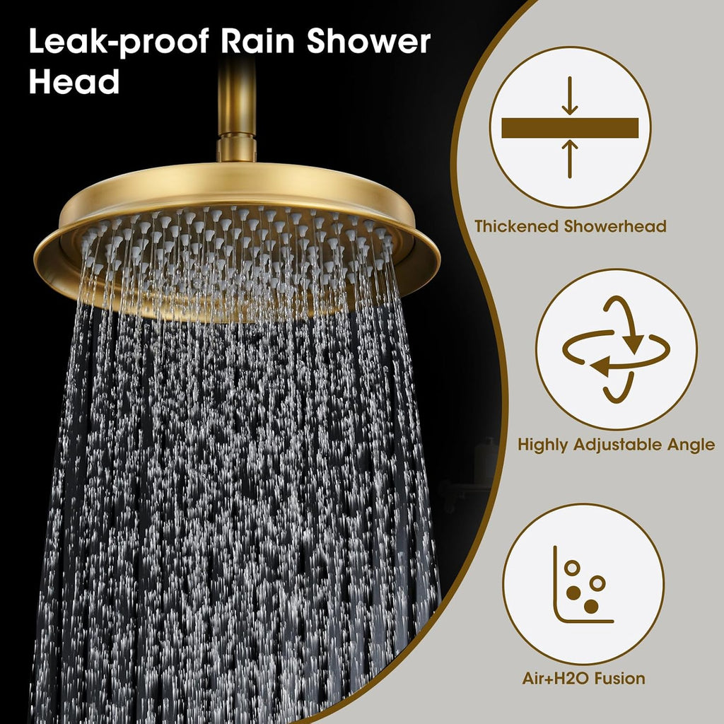 Rain Shower Head with Handheld Spray, Rainfall Shower System with Rough-in Valve, Luxury Shower Trim Kit Wall Mount, Brushed Gold