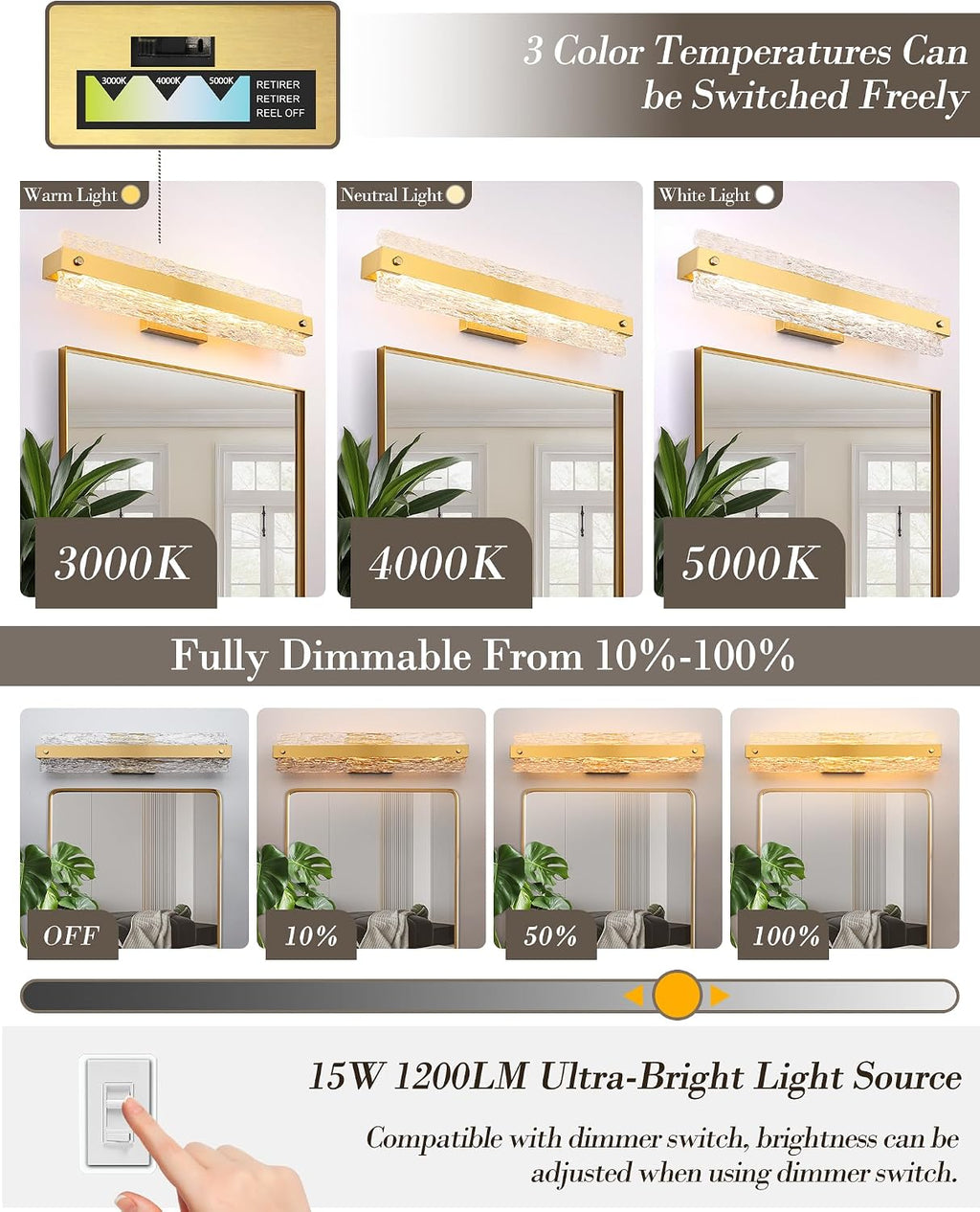 Brushed Gold LED Bathroom Vanity Light, 24.4 Inch 15W Modern Dimmable Bathroom Light Fixture Over Mirror, Crystal Bar Wall Sconce Lighting for Bath, 3CCT, OS-MM5001-3BG