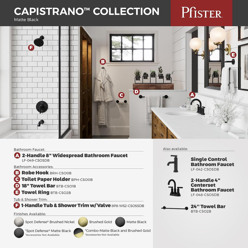 Pfister Capistrano Widespread 3 Hole Matte Black Bathroom Sink Faucet with 2 Handles Push & Seal Drain NSF Certified Spot Defense Finish Farmhouse Style Vanity LF049CSOSDB