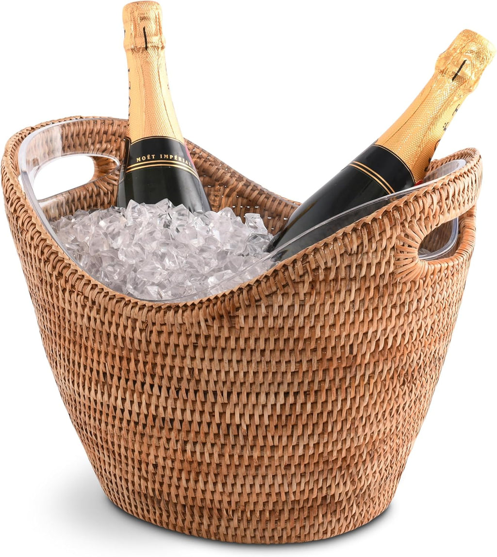 Vagabond House Handmade Rattan Wicker Champagne Ice Bucket/Tub for Chilling Bottle Drinks - Ice Holder for Party, Outdoor Coolers with Removable Acrylic Lining, Cutout Handles - for Beer Wine Soda