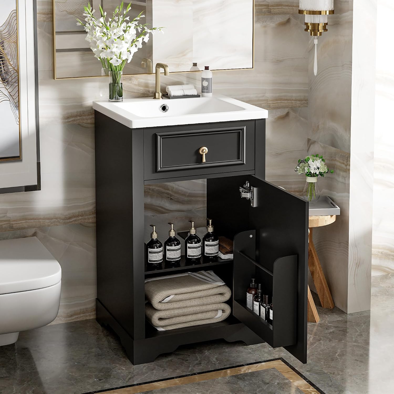 20' Bathroom Vanity with Sink, Harper & Bright Designs Free Standing Single Basin Vanity Set with Soft Close Door & Adjustable Shelf, Solid Wood Bathroom Cabinet with Ceramic Basin for Bathroom, Black