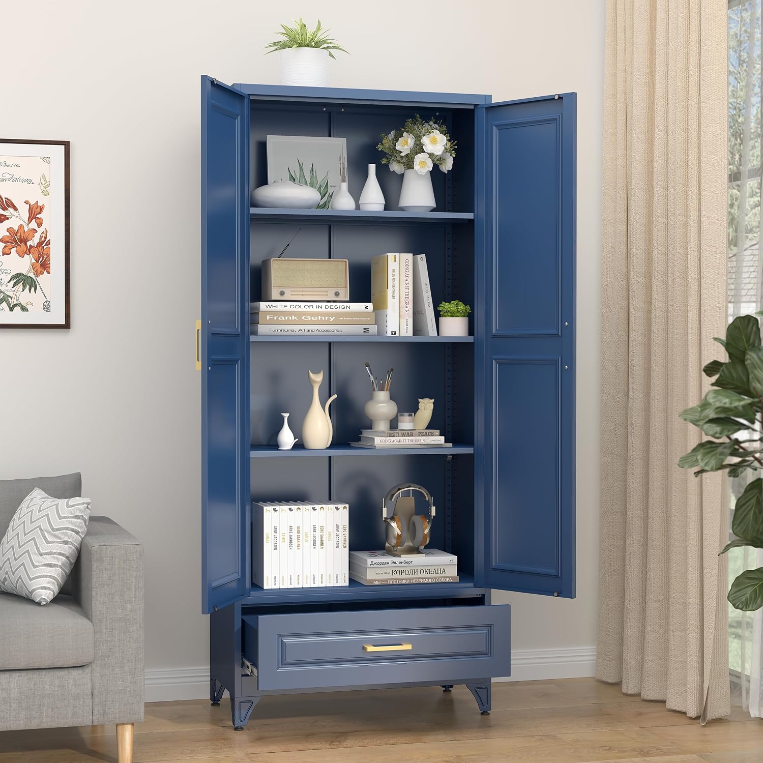 SteeLoong 75' Kitchen Pantry Cabinet with Drawer, Metal Storage Cabinets with Doors and 4 Adjustable Shelves,Blue Kitchen Cabinet with 2 Gold Handles,Food Cupboard for Livingroom,Pantry, Bathroom