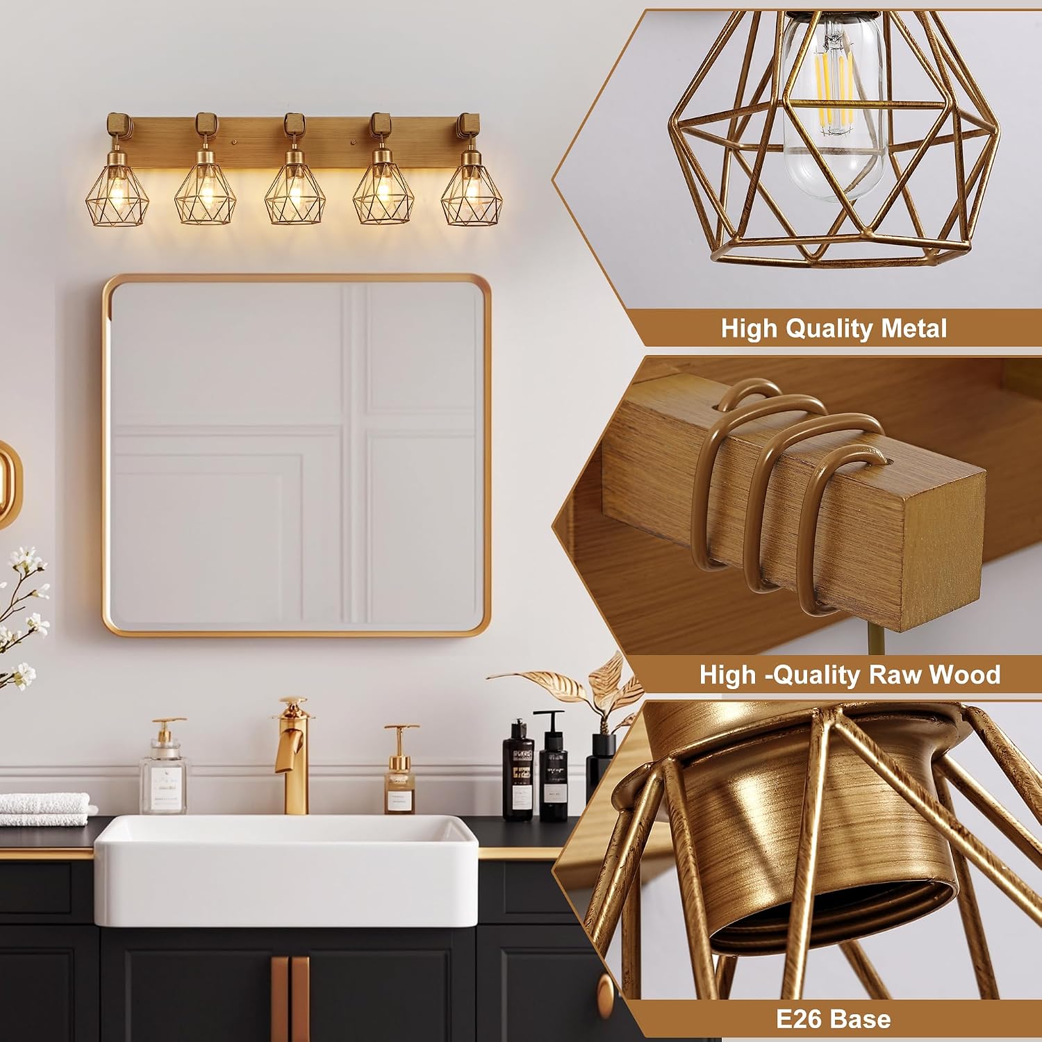 maesta Bathroom Gold Vanity Light Fixtures, 5-Light Gold Bathroom Light Fixtures Over Mirror, Sconces Wall Lighting with Elegant Metal Lampshade for Living Room, Bedroom, Hallway