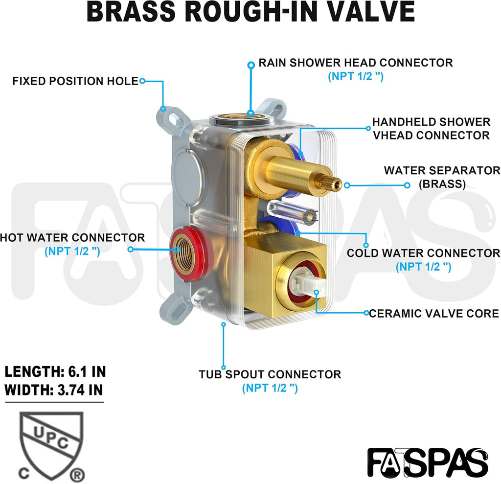 Brushed Gold Shower System with 12-Inch Rain Showerhead and Tub Spout | cUPC-certified pressure balance brass valve to prevent scalding, CEC-certified air injection technology for low pressure