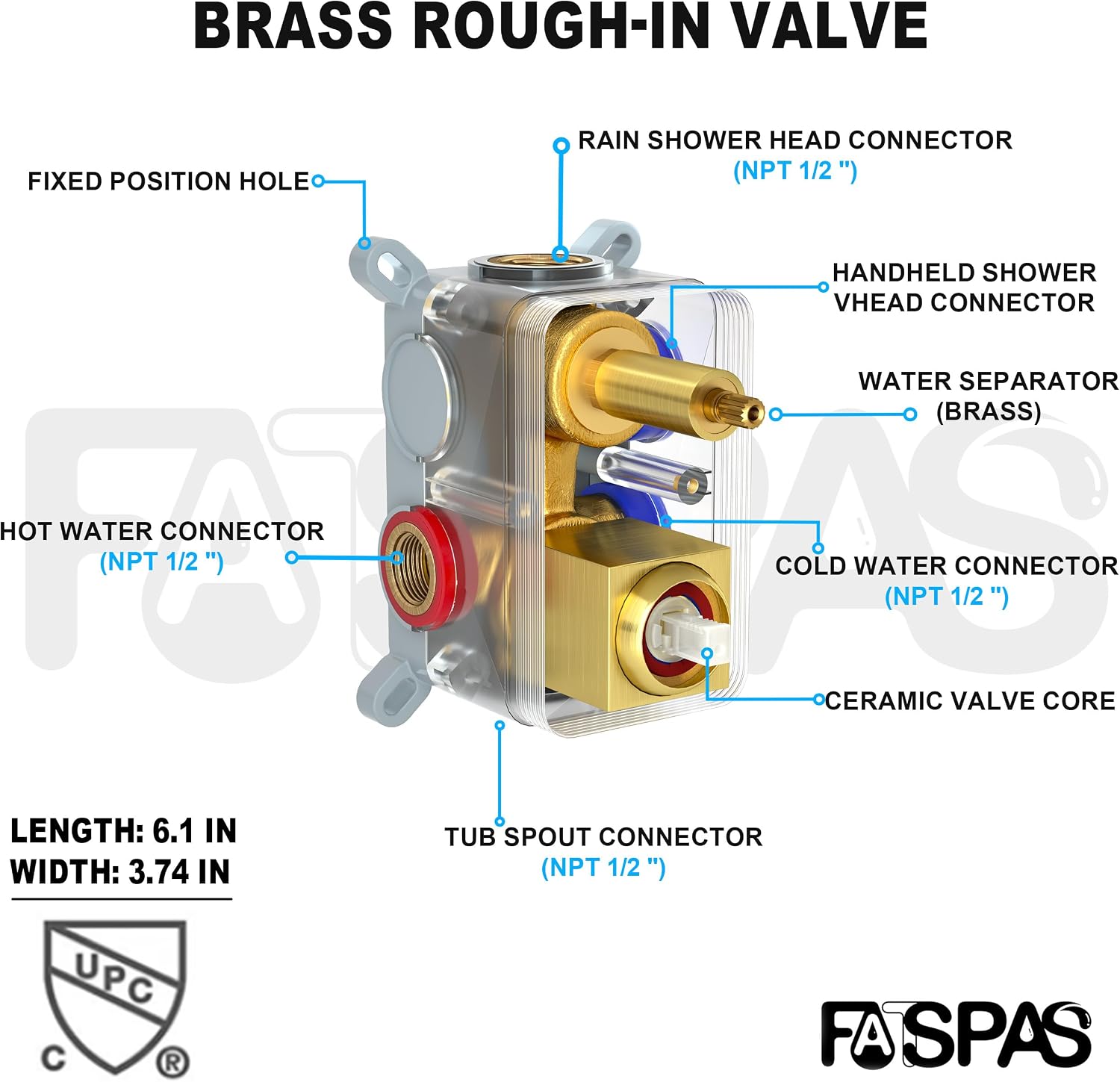 Brushed Gold Shower System with 12-Inch Rain Showerhead and Tub Spout | cUPC-certified pressure balance brass valve to prevent scalding, CEC-certified air injection technology for low pressure