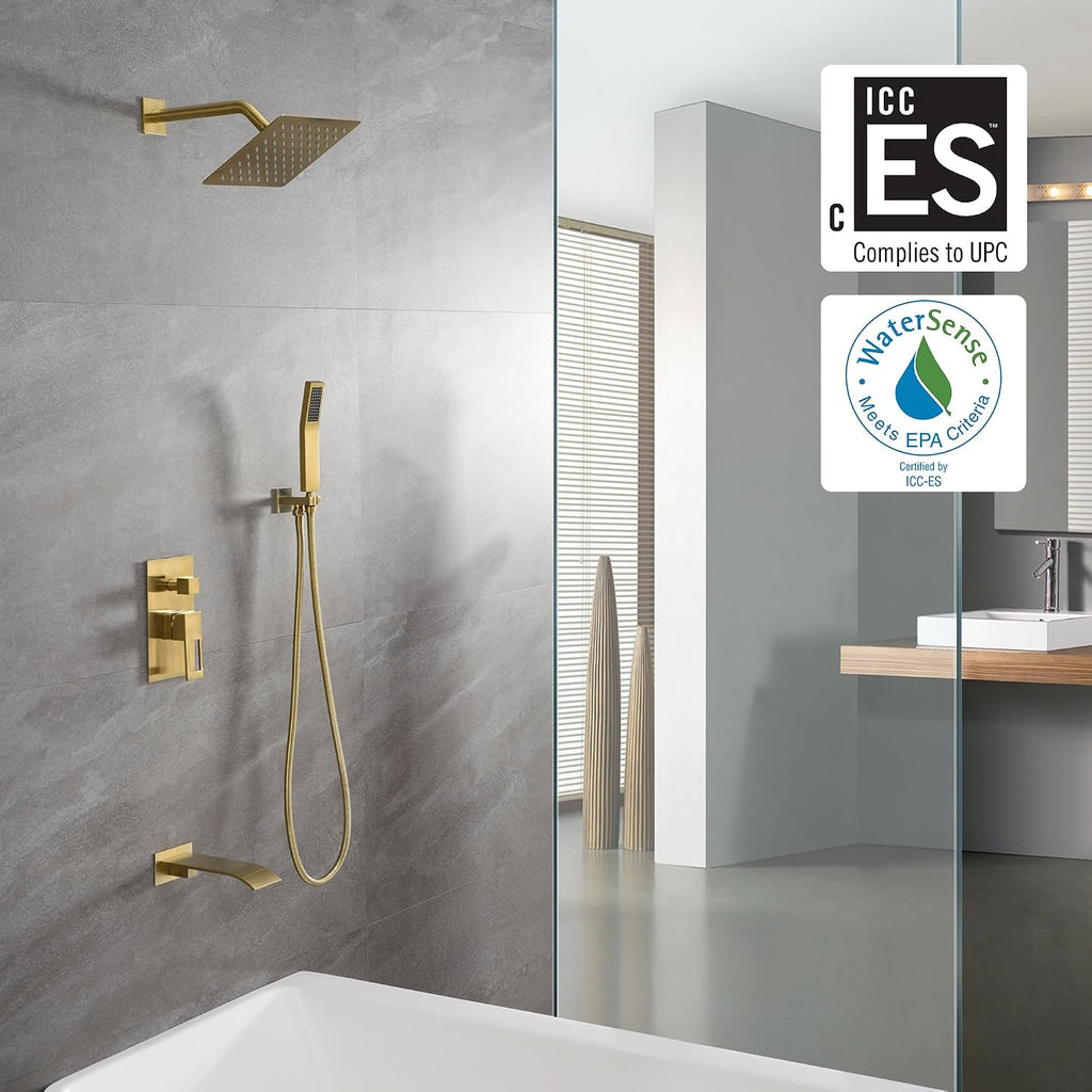 sumerain Tub and Shower Faucet System with Waterfall Tub Spout and Handheld Shower Head, Pressure-Balanced Valve, Brushed Gold