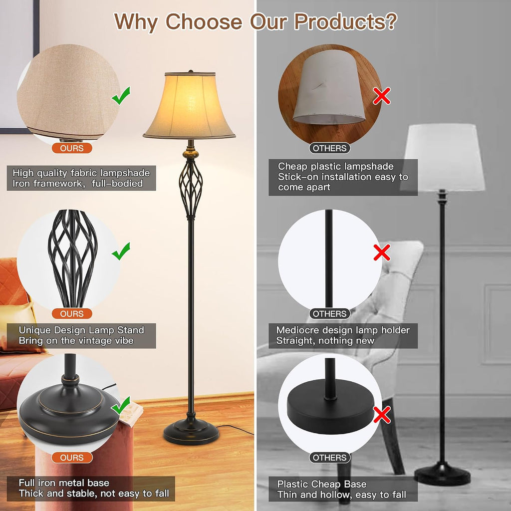 3 Pack Lamp Set, Living Room Lamp Set of 3, Floor and Table Lamp Set in Bronze Finish with Vintage Brown Fabric Shades for Bedroom Reading Family, Solid Iron