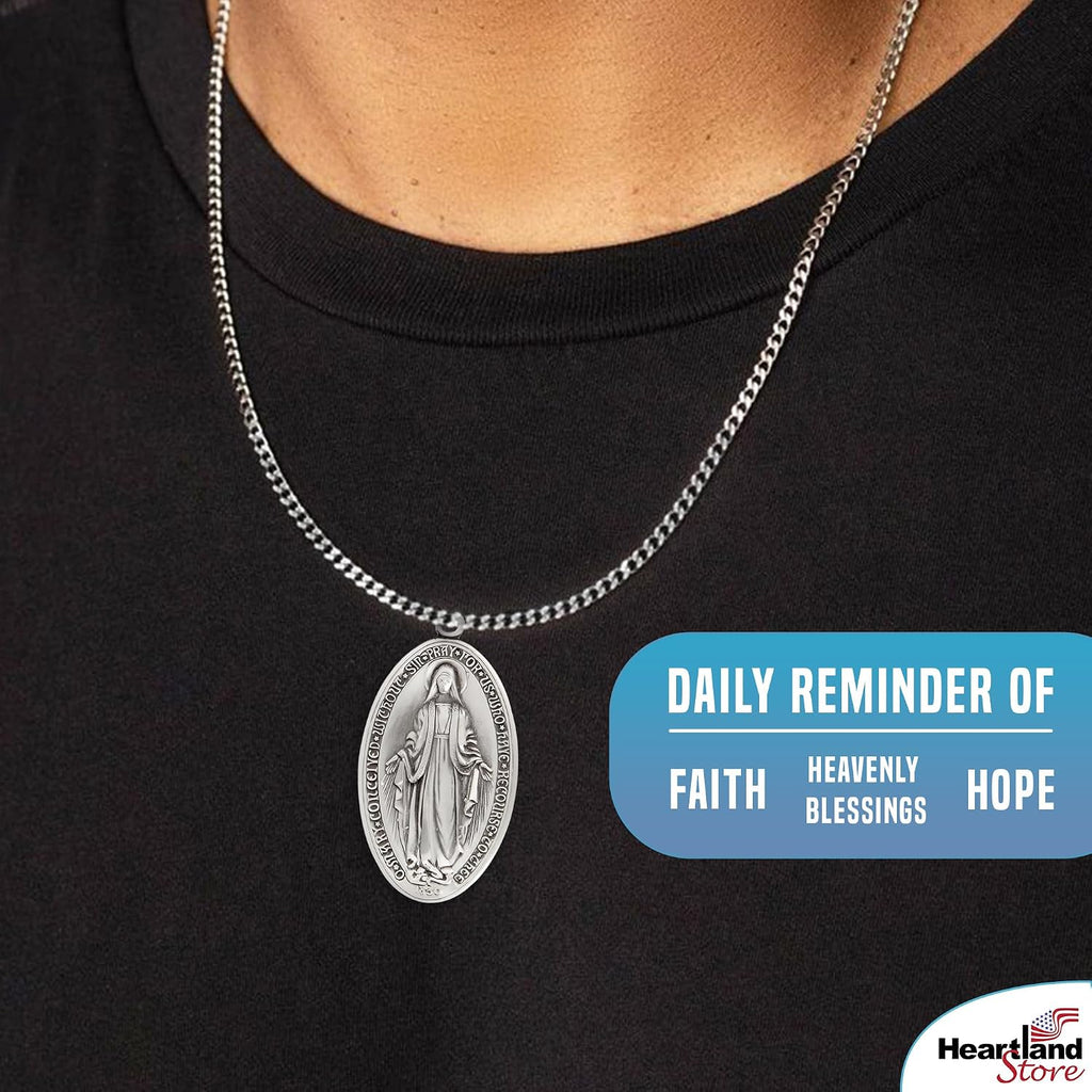 Heartland Store Oval Sterling Silver Miraculous Medal Necklace for Men–Tarnish Resistant, Hand-Finished in USA, Thoughtful Religious Present for Holidays & Special Occasions with Various Chain Sizes
