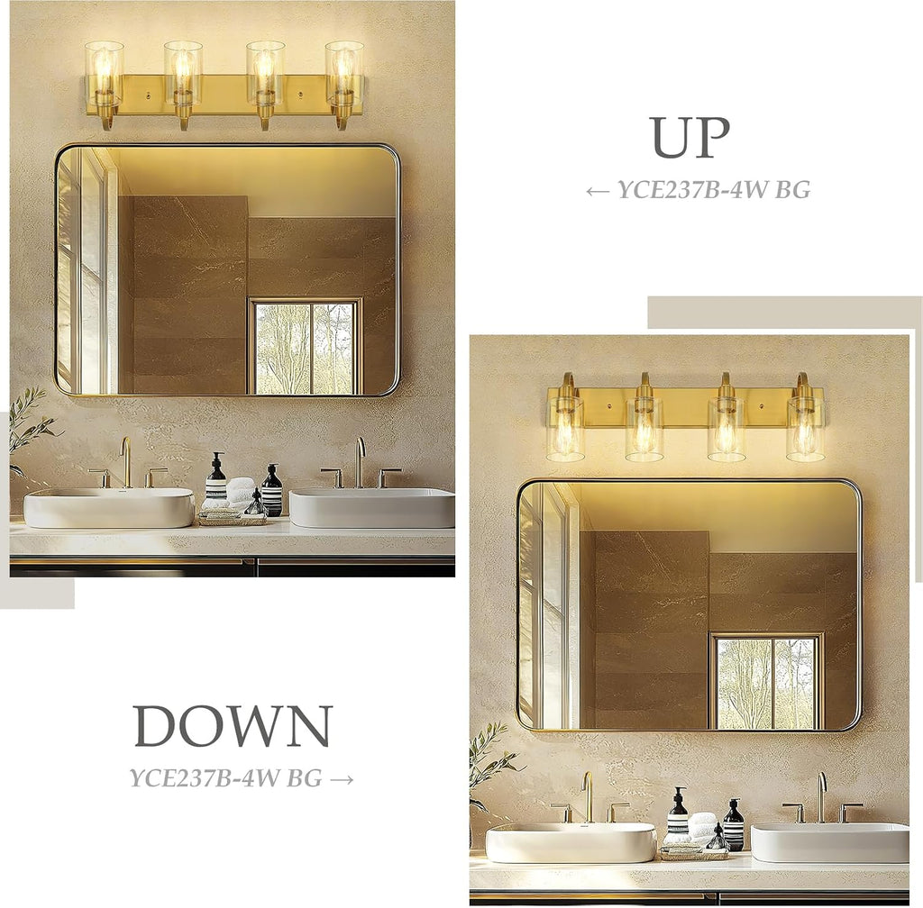 Emliviar 30 Inch Gold Vanity Light, 4-Light Bathroom Light Fixtures with Clear Glass Shade, Brushed Gold Finish, YCE237B-4W BG
