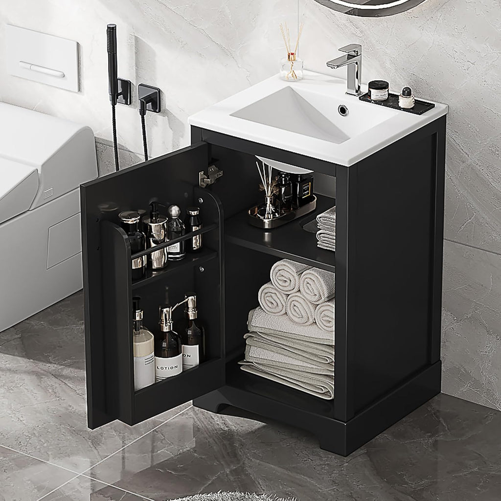 Bellemave 20' Bathroom Vanity with Sink, Small Bathroom Cabinet with Soft Closing Door, Free Standing Single Basin Bathroom Vanity with 2-Tier Storage Rack and Adjustable Shelve(Black)