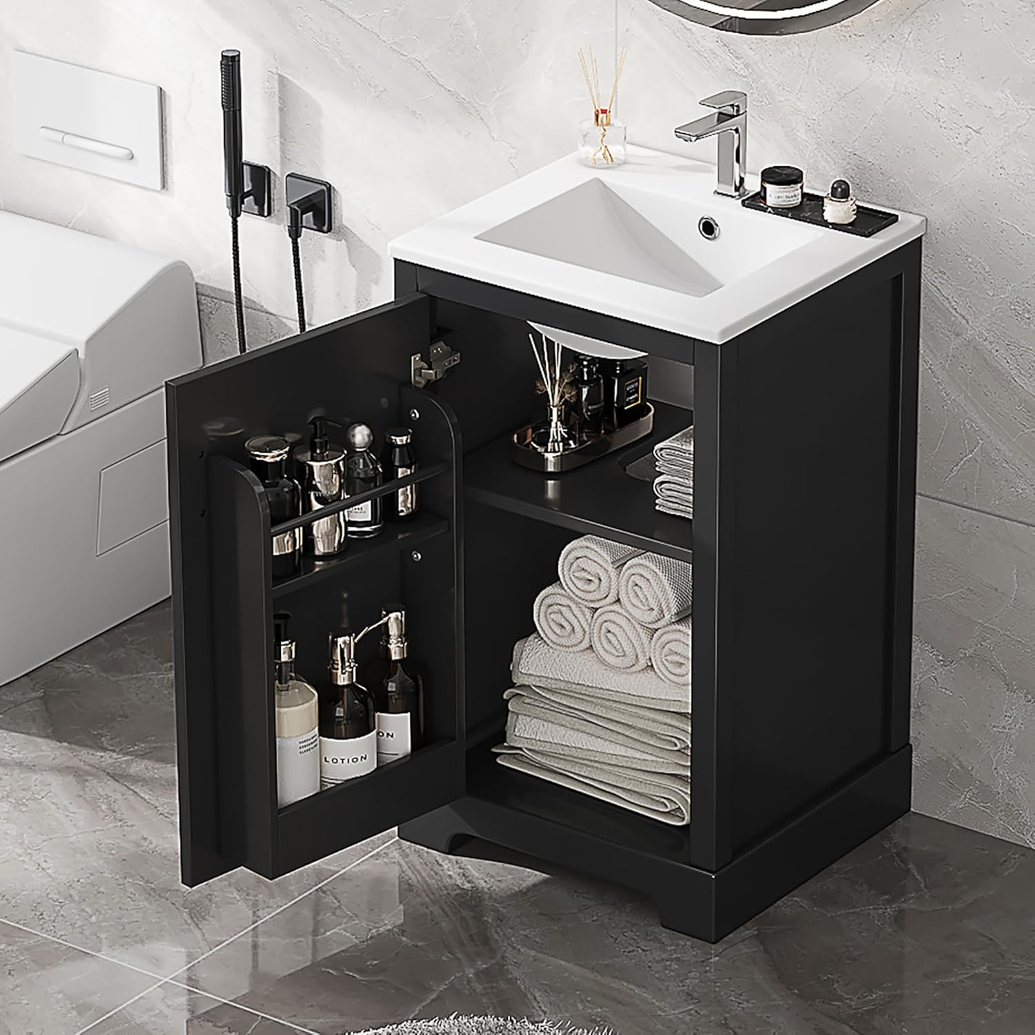 Bellemave 20' Bathroom Vanity with Sink, Small Bathroom Cabinet with Soft Closing Door, Free Standing Single Basin Bathroom Vanity with 2-Tier Storage Rack and Adjustable Shelve(Black)