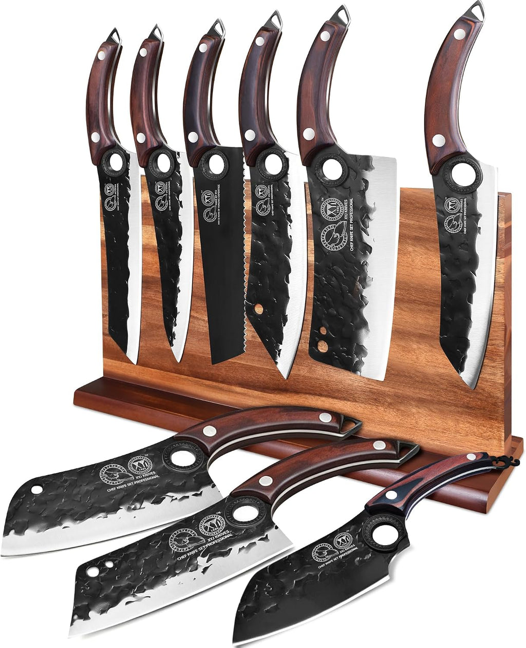 XYJ Authentic Since 1986,Knife Block Set,High Carbon Steel Forged Blades,Kitchen Knives Set with Wooden Magnetic Knife Block,Sharpening Steel,Cutting Board,Cleaver Slicing Knife,Wood Handle