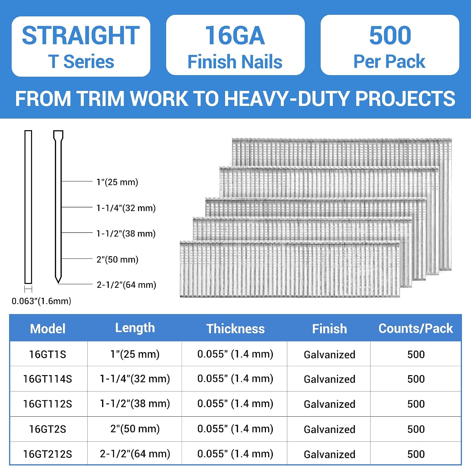 meite 16 Gauge Finish Nails 1-1/2 Inch Galvanized 16GA Straight Finish Nails for Finish Nailer Gun on Cabinet Baseboard Crown Molding Woodworking, 500PCS x 50 Boxes