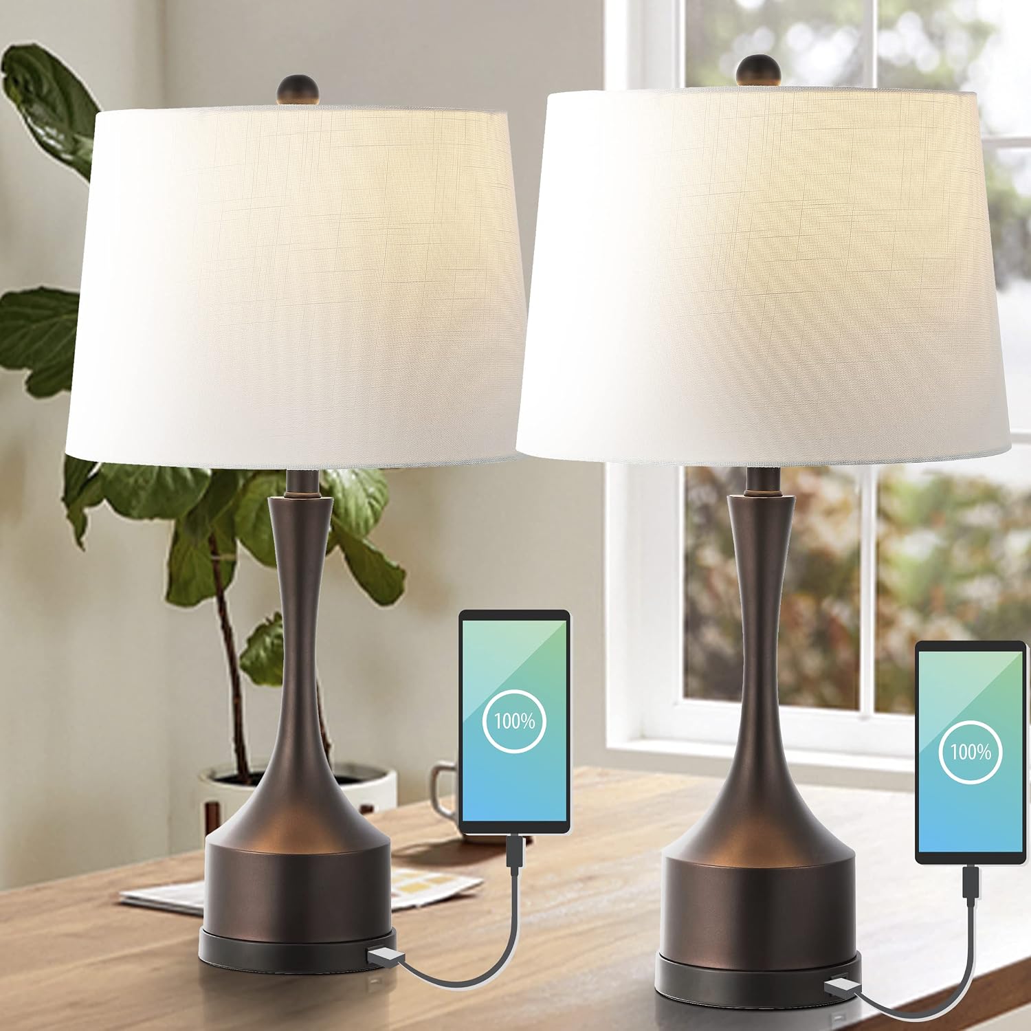 JONATHAN Y 26' Oil Rubbed Bronze Table Lamp Set of 2 with USB Charging Port, French Country Bedside Lamps for Living Room Bedroom Decor, White Linen Shade, LED Bulbs Included (JYL4045C-SET2)