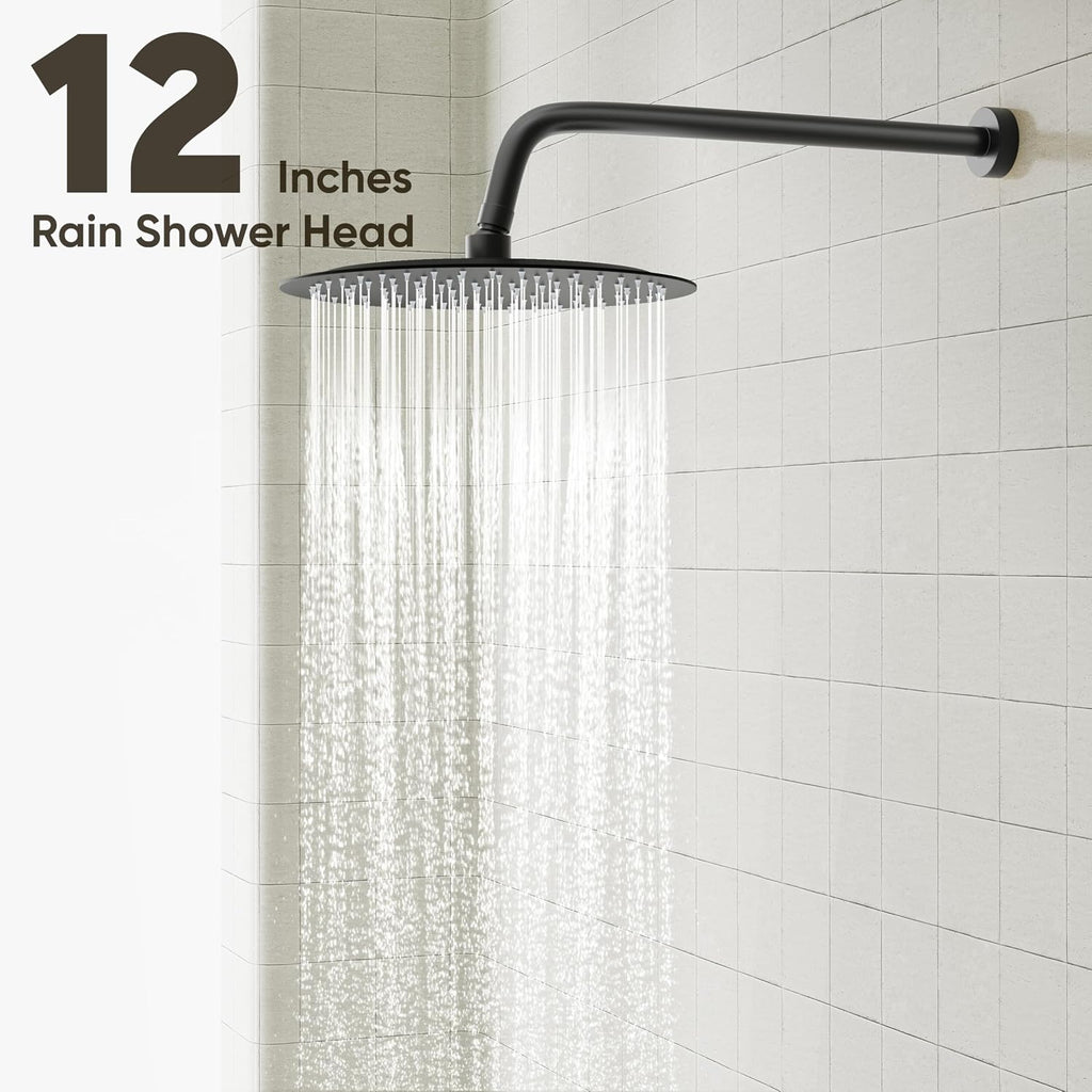 Gabrylly Black Bathtub Shower Faucet Set - 12' Rain Showerhead & Handheld Spray, High Pressure Shower Head with Pressure Balance Valve, Matte Black