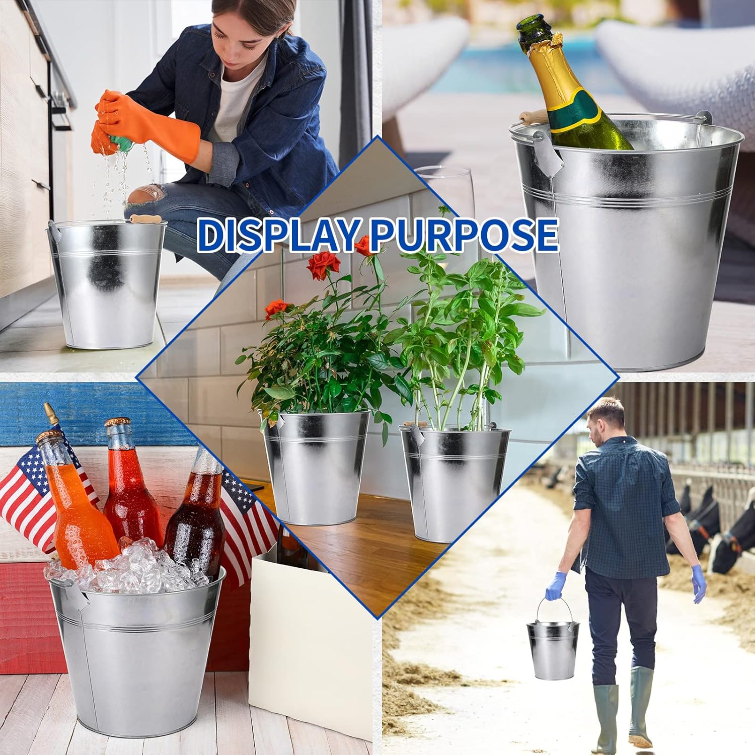 Didaey 24 Pcs 9 Quart Large Galvanized Metal Buckets with Handle Inch Heavy Duty Stainless Steel Pails Round Pail for Party Wedding, Crafts, Utensils, Table Centerpieces (Silver)