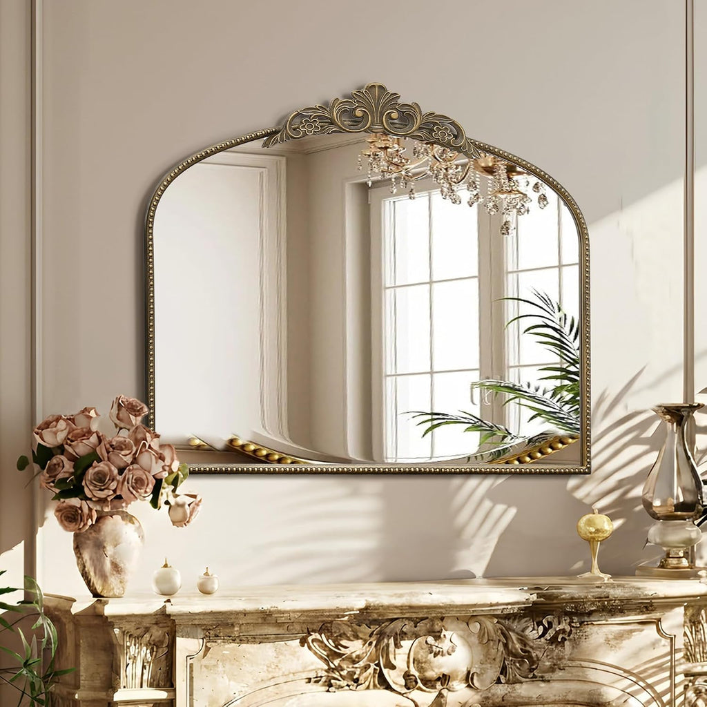 Micasso Vintage Gold Arched Mirror: 36'x29' French Baroque Antique Wall Mounted Mirror - Traditional Ornate Decorative for Wall/Fireplace/Entryway/Bathroom/Hallway - Home Decor for Living Room
