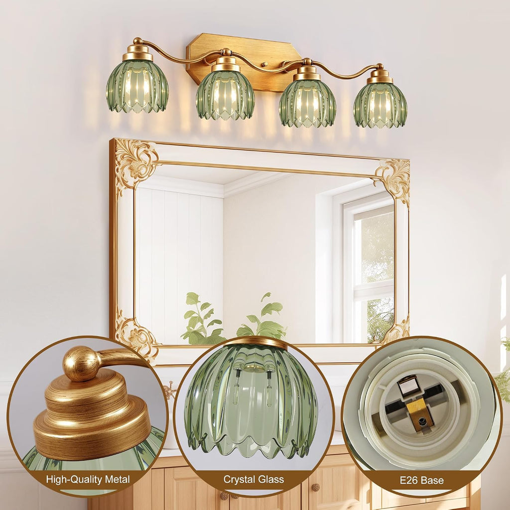 VbiTmn Gold Bathroom Light Fixtures, 4 Light Vintage Vanity Lights, Antique Brass Brushed Gold Finish, Crystal Green Glass Shade, Mid Century Wall Sconces for Bedroom, Living Room, Hallway