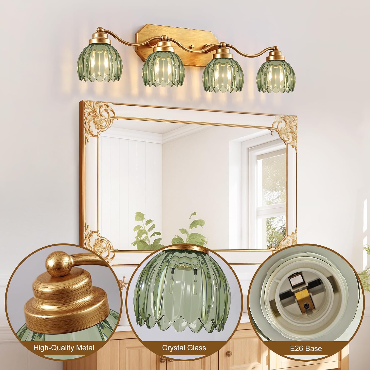 VbiTmn Gold Bathroom Light Fixtures, 4 Light Vintage Vanity Lights, Antique Brass Brushed Gold Finish, Crystal Green Glass Shade, Mid Century Wall Sconces for Bedroom, Living Room, Hallway