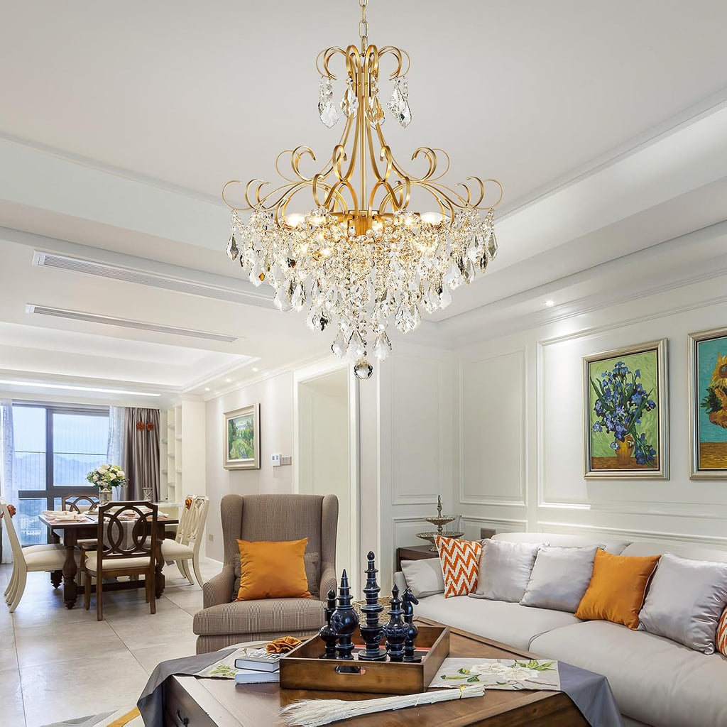 WUZUPS Crystal Chandelier 10-Light Pendant Ceiling Light Modern Lighting Fixture for Dining Room Hallway Bedroom Kitchen Bathroom, H 27.6' x W 22.8', E12 Base, Gold