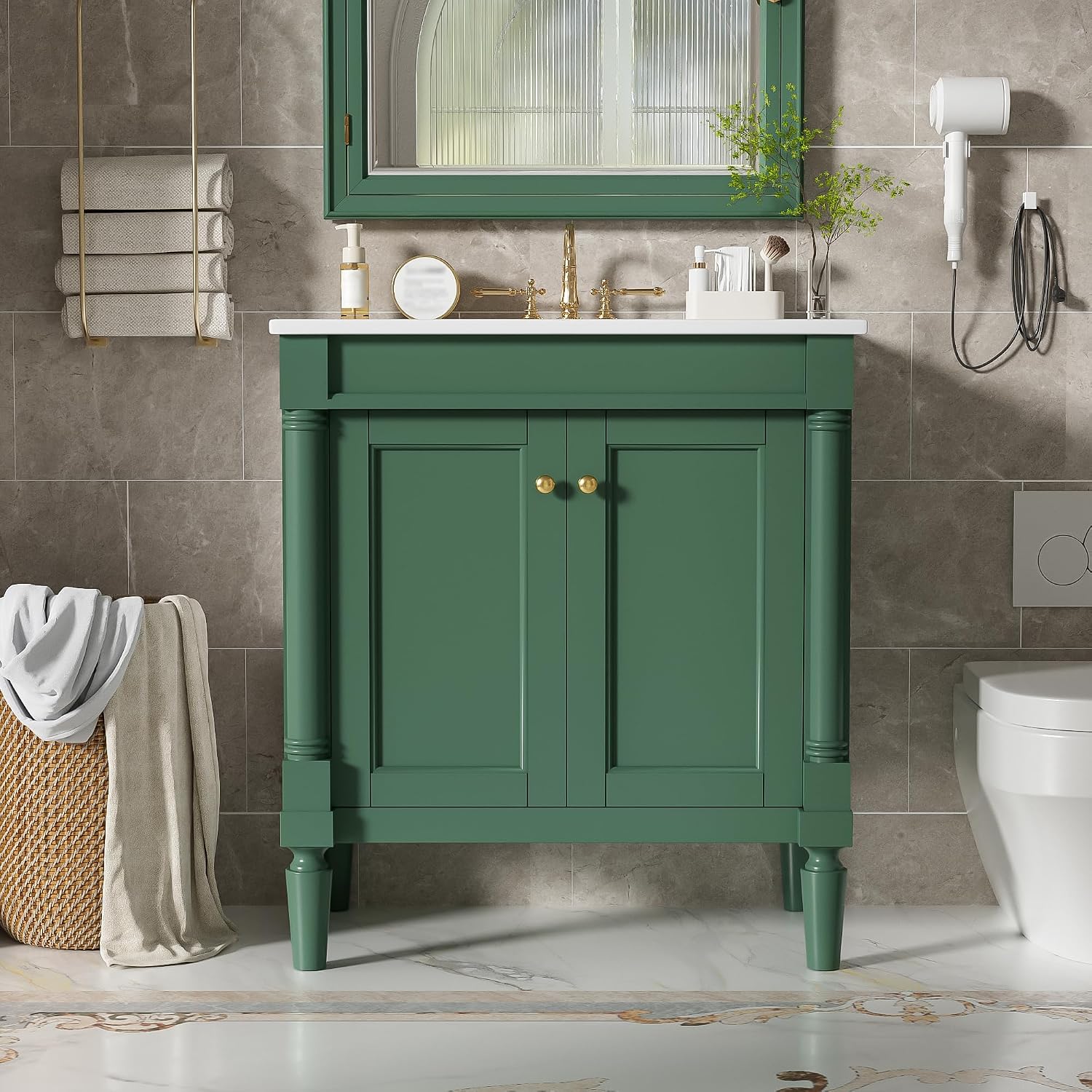 Virubi 30 Inch Small Bathroom Vanity with Sink and 2-Door Cabinet, Modern Bathroom Storage Cabinet with Adjustable Shelf and Soft-Close Door, Solid Wood Frame(Green)