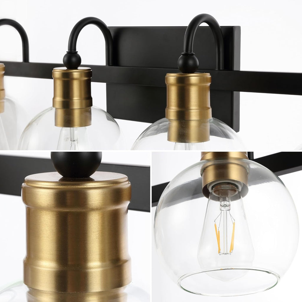 JONATHAN Y 44.25' Black/Brass Gold Vintage Wall Sconce, LED Vanity Light for Bathroom Bedroom Entryway, Clear Glass Globe Shade, Modern Industrial Arched Lamp, LED Bulb Included (JYL3557A)