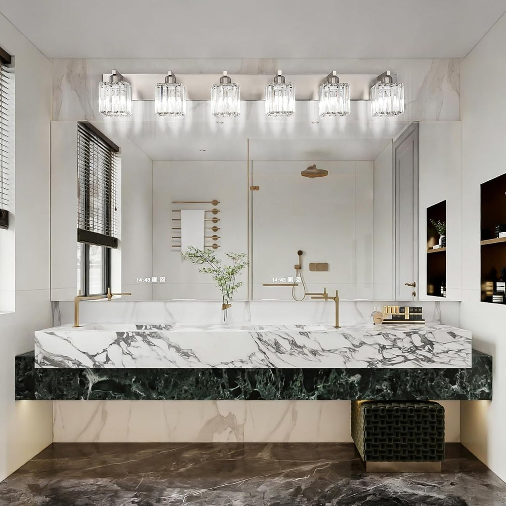 Aipsun Brushed Nickel Bathroom Light Fixtures 6 Light Vanity Lighting Fixture Crystal Modern Bathroom Vanity Light (Exclude Bulb)
