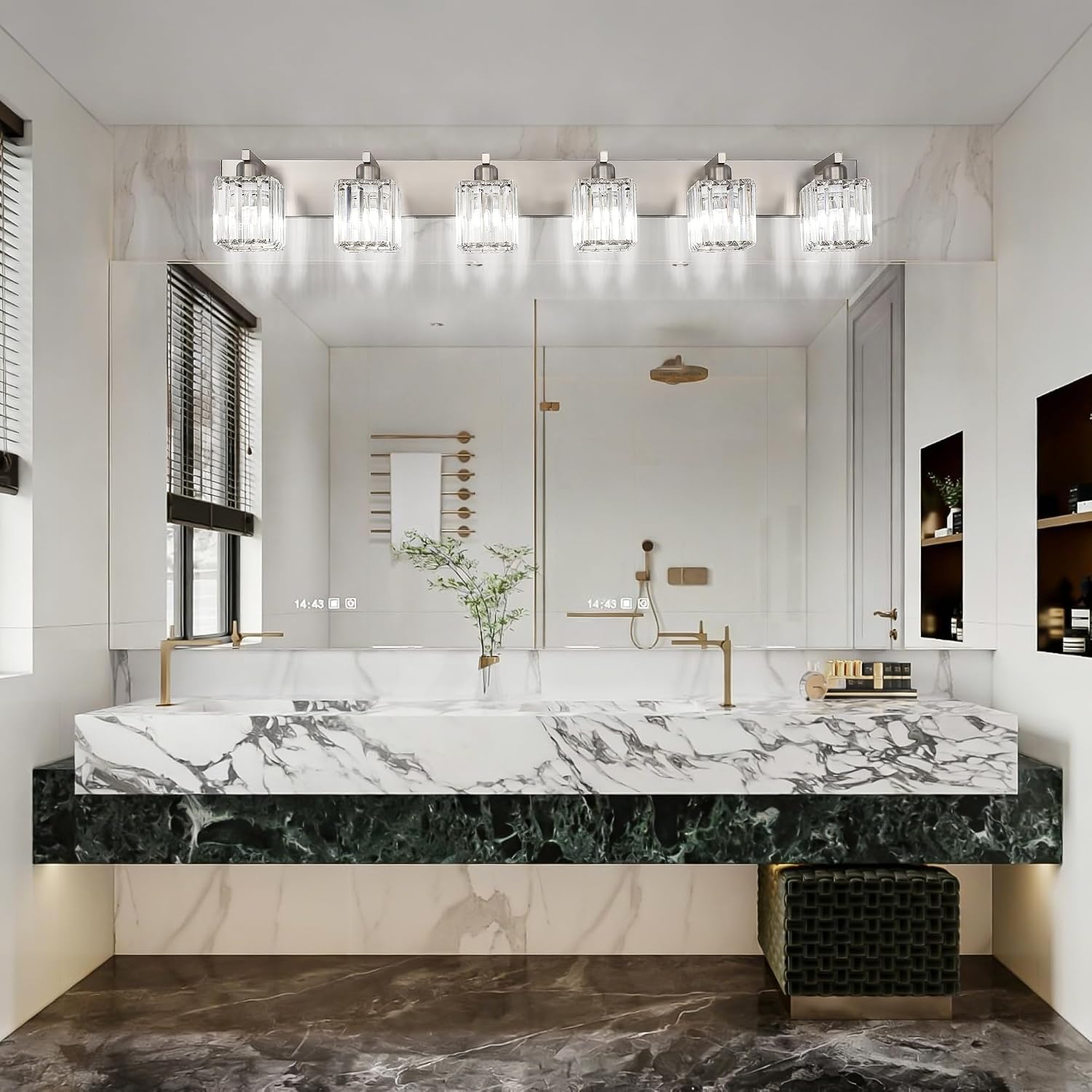 Aipsun Brushed Nickel Bathroom Light Fixtures 6 Light Vanity Lighting Fixture Crystal Modern Bathroom Vanity Light (Exclude Bulb)