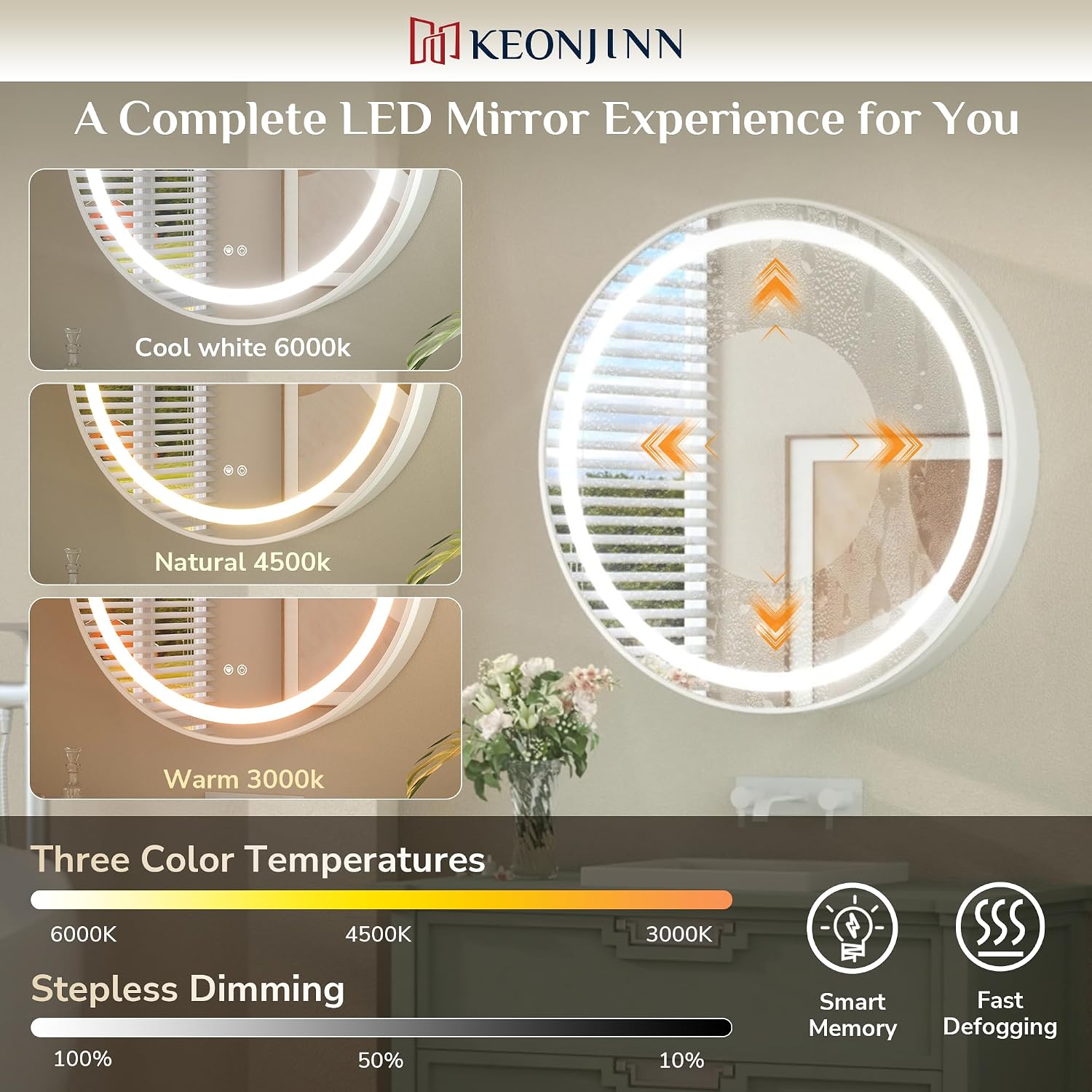 Keonjinn 30 Inch Round Lighted Medicine Cabinet, White LED Medicine Cabinet Mirror, Circle, Electrical Outlet, 3 Color Lights, Anti-Fog, Dimmable, Surface Mount Only