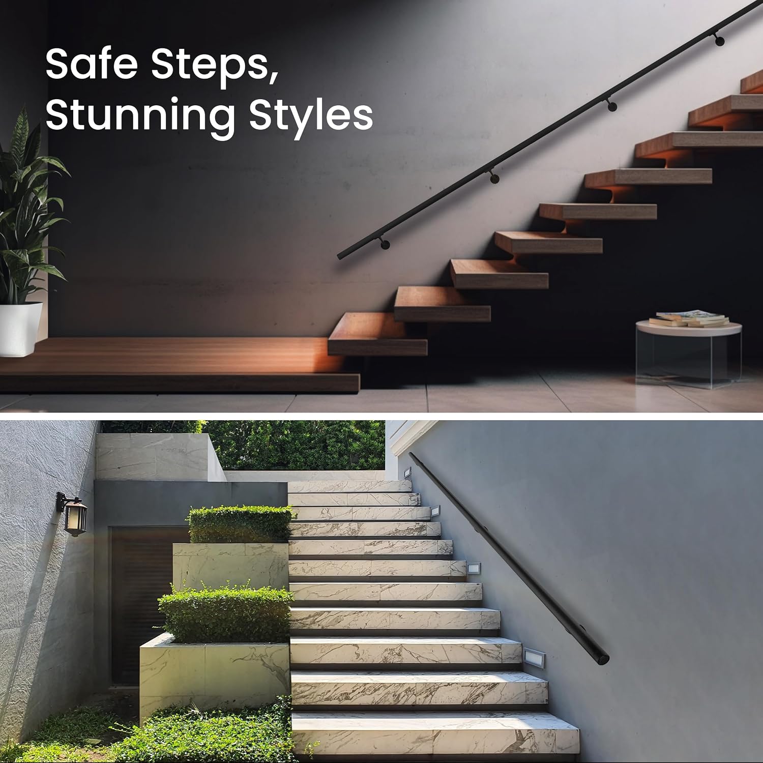 Meranti Aluminum Handrail for Indoor or Outdoor Steps and Stairs – Hand Rails for Elderly – DIY Complete Stair Railing Kit (AHR, Black, 5' Length)