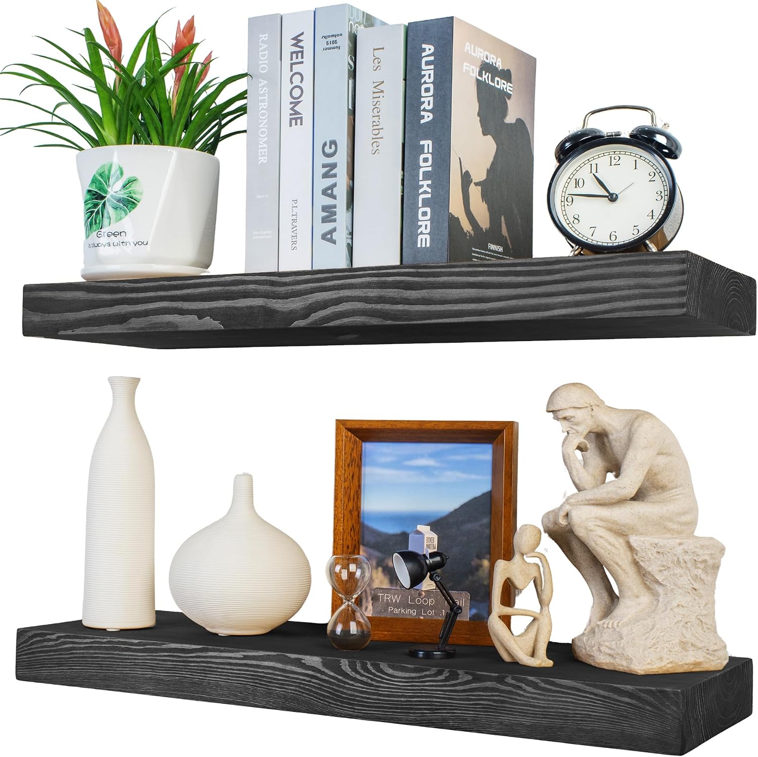 Floating Shelves 2 inch Thick for Wall Set of 2,24 inch High-End Solid Wood Floating Shelves for Wall,Black Floating Shelves for Bathroom Bedroom Kitchen, with Sturdy Hidden Bracket, Black