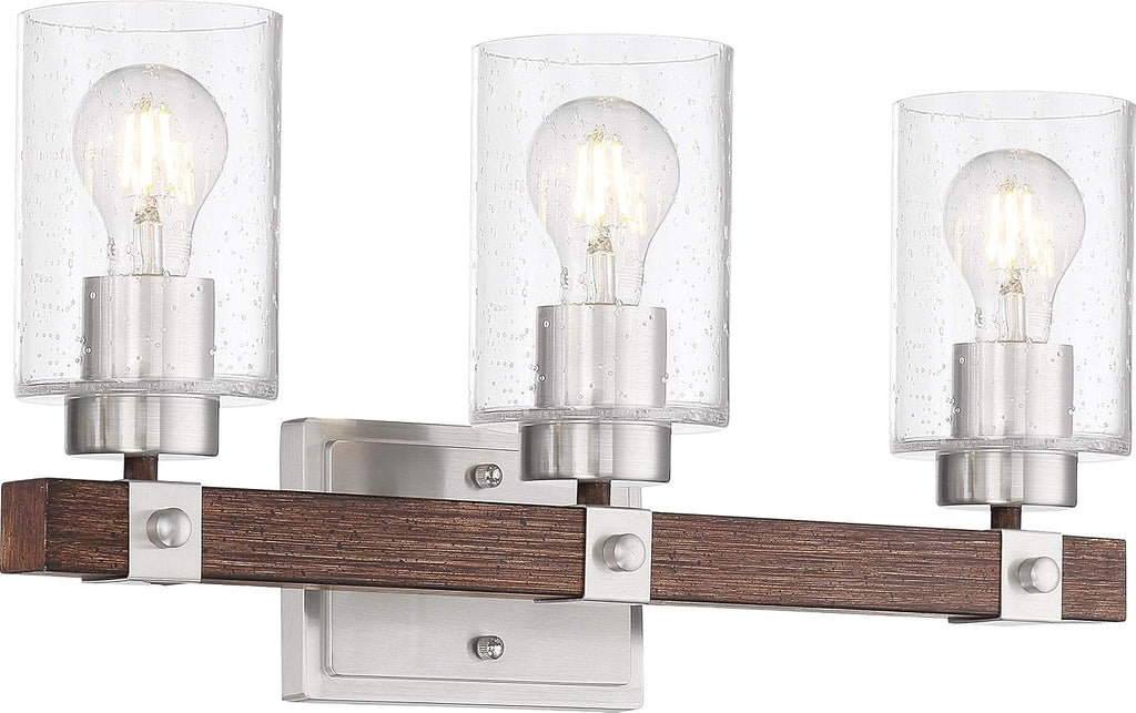 Nuvo 60/6963 Arabel Vanity Brushed Nickel and Nutmeg Wood Finish with Clear Seeded Glass, 3 Light