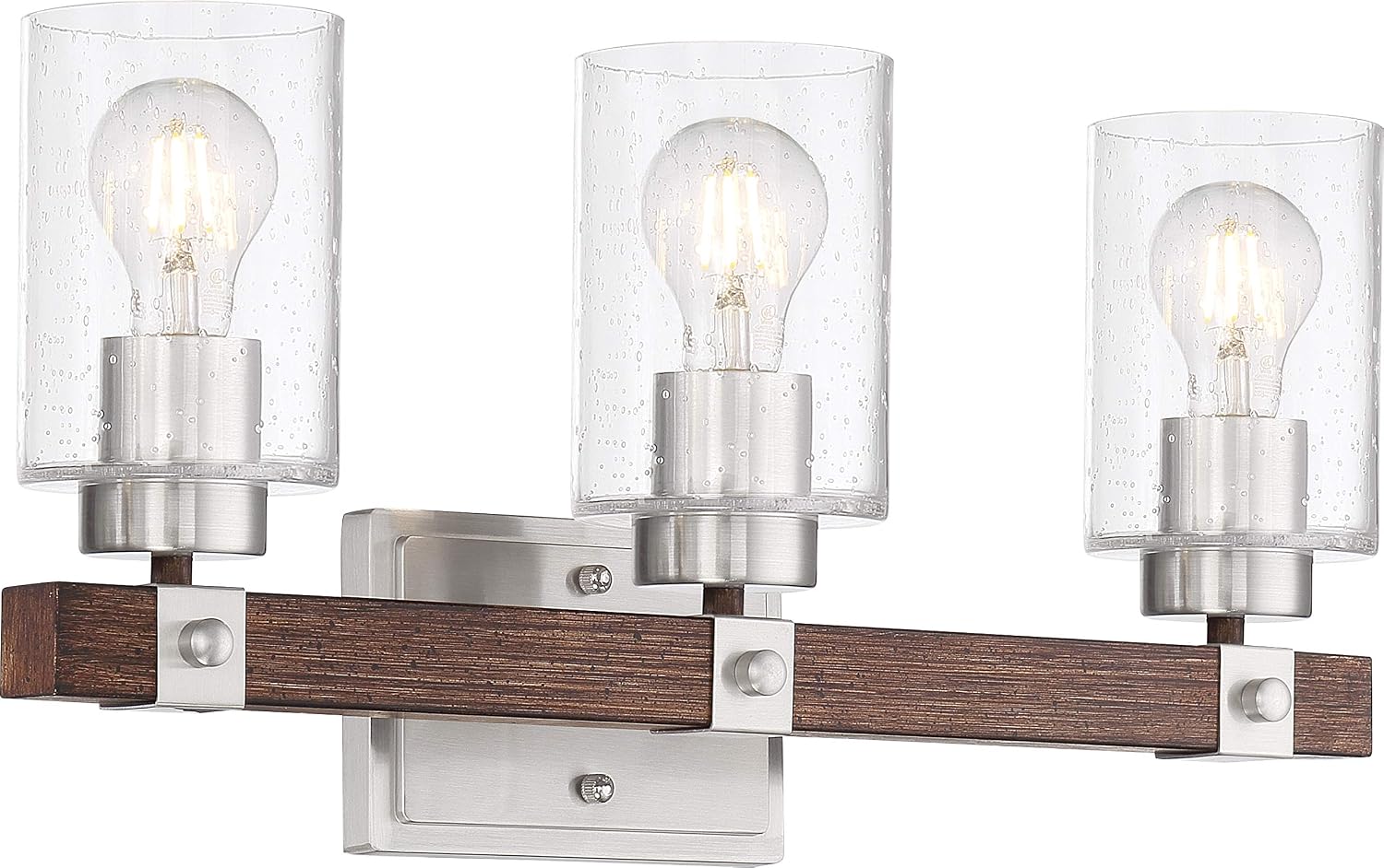 Nuvo 60/6963 Arabel Vanity Brushed Nickel and Nutmeg Wood Finish with Clear Seeded Glass, 3 Light