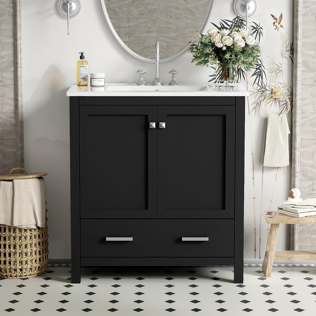 Bellemave 30' Bathroom Vanity with Sink Combo Set, Solid Wood Frame Bathroom Storage Cabinet with a Drawer, 2 Soft Closing Cabinet Doors with Organizer, Black