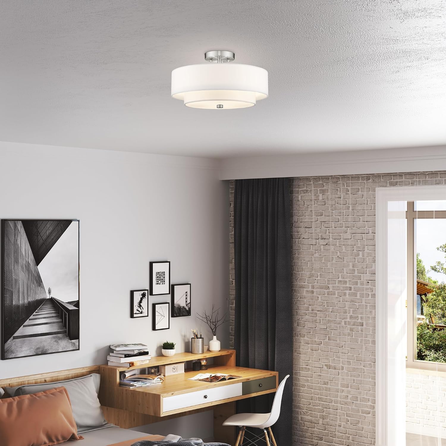 Livex Lighting 51044-91 Brushed Nickel Flush Mount with Off-White Fabric Hardback Shade