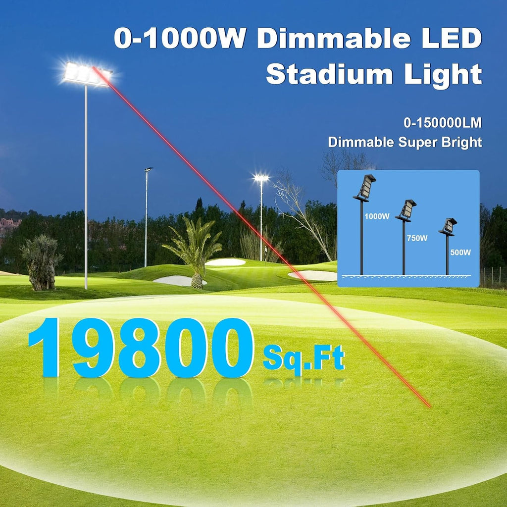0-150000LM Led Stadium Lights Outdoor Dimmable 0-1000w Super Bright Led Arena Flood Light 100-277v 5000k Yoke Mount IP66 Waterproof Pole Light Commercial for Square, Golf Court, Port