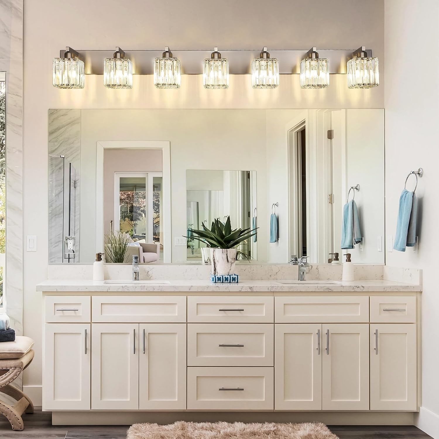 Aipsun Brushed Nickel Bathroom Light Fixtures Crystal Vanity Lighting Fixture Modern Bathroom Vanity Light 7 Light (Exclude Bulb)