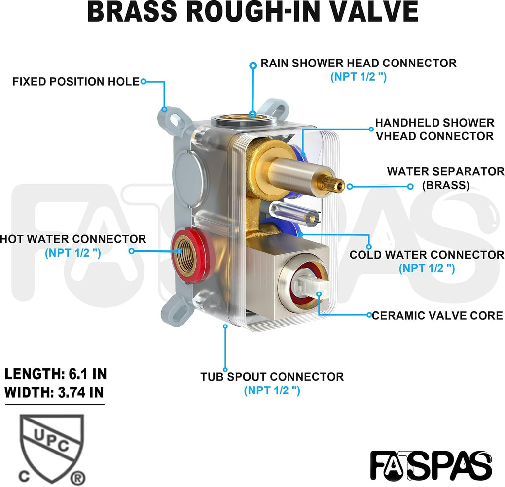 Brushed Nickel Shower System with 12-Inch Rain Showerhead and Tub Spout | cUPC-certified pressure balance brass valve to prevent scalding, CEC-certified air injection technology for low pressure