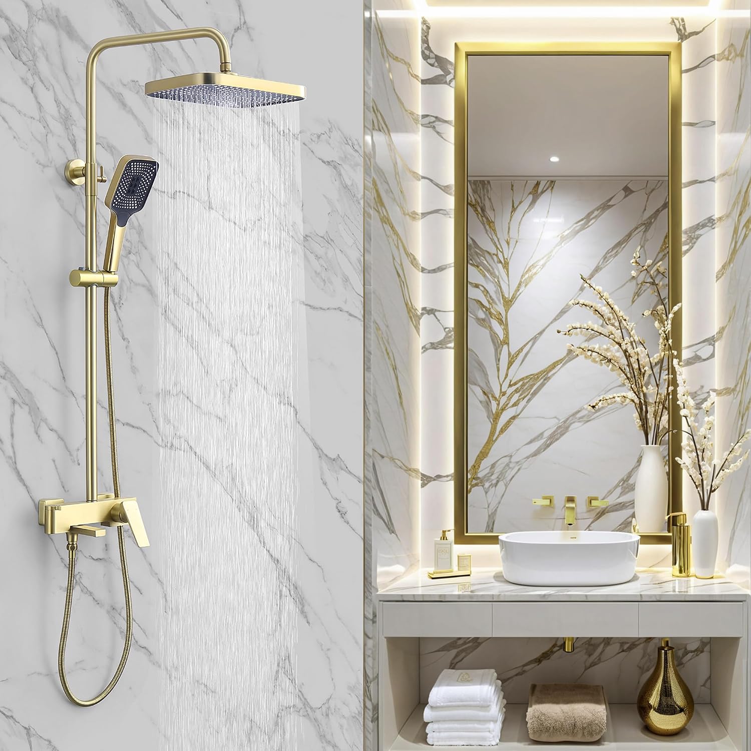 Shower Systems with 12 x8 Inches Rain Shower Head,Brushed Gold Exposed Pipe Shower System,3 Functions Tub Shower Faucet Sets,Overhead Shower System with Handheld